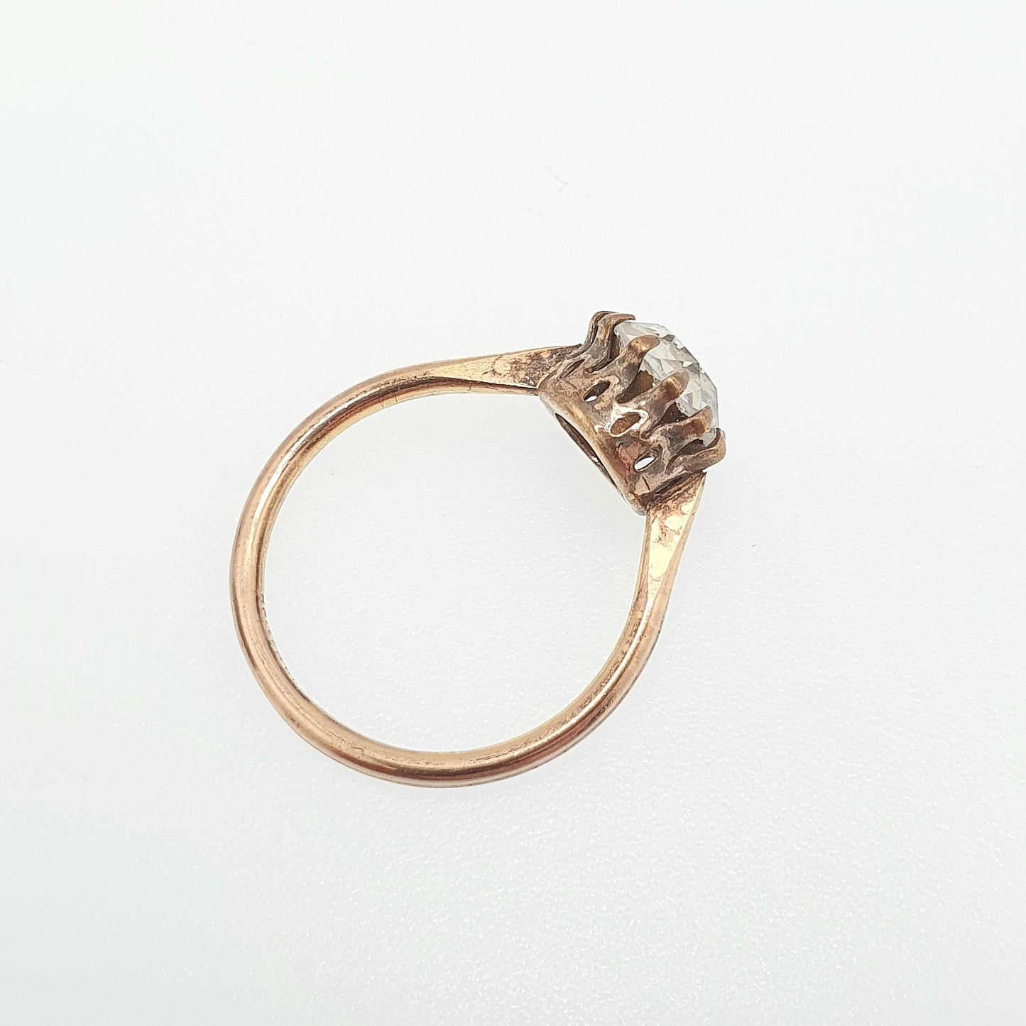 Antique Diamond Paste Rolled Gold Ring Solitaire Victorian Large Old Cut White Foiled Glass Vintage Ladies Womens Jewelry Jewellery