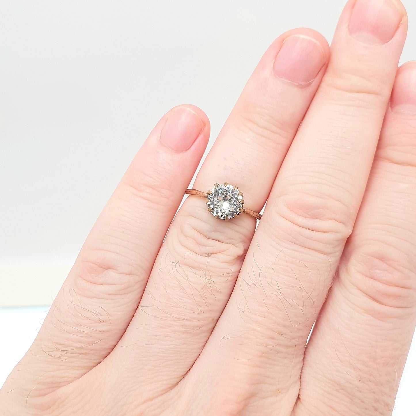 Antique Diamond Paste Rolled Gold Ring Solitaire Victorian Large Old Cut White Foiled Glass Vintage Ladies Womens Jewelry Jewellery