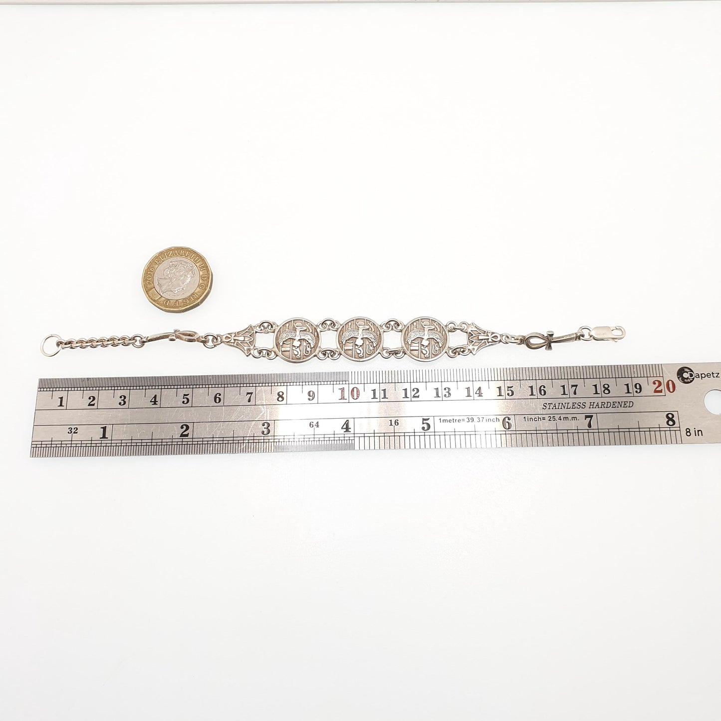 Old Vintage Solid Silver Egyptian Bracelet Ankh Hieroglyph Eagle Bird Egypt Hallmark Retro Genuine Real Mens Womens Jewelry Jewellery