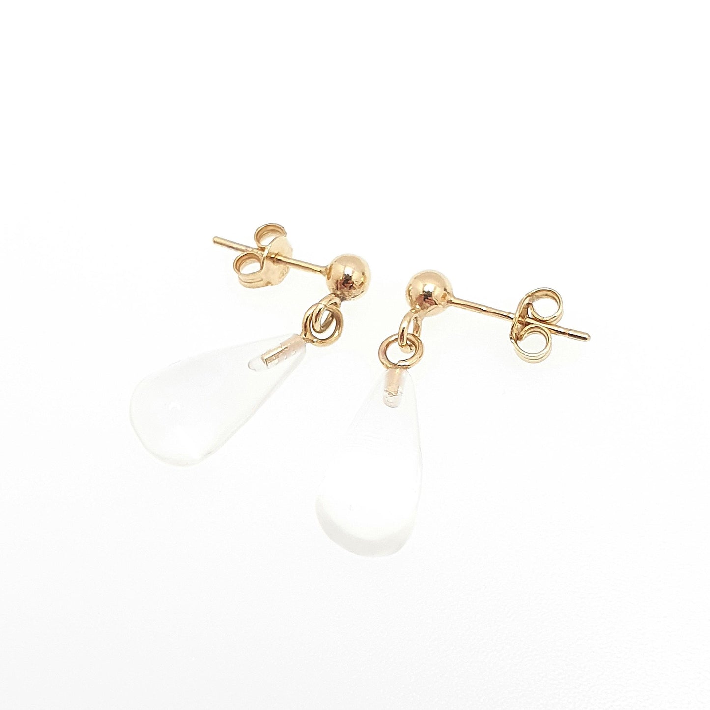 Vintage 9k 9ct Gold Rock Crystal Earrings Clear Quartz Teardrop Hanging Drop Stud Solid 9 375 Real Gemstone Genuine Womens Jewelry Jewellery