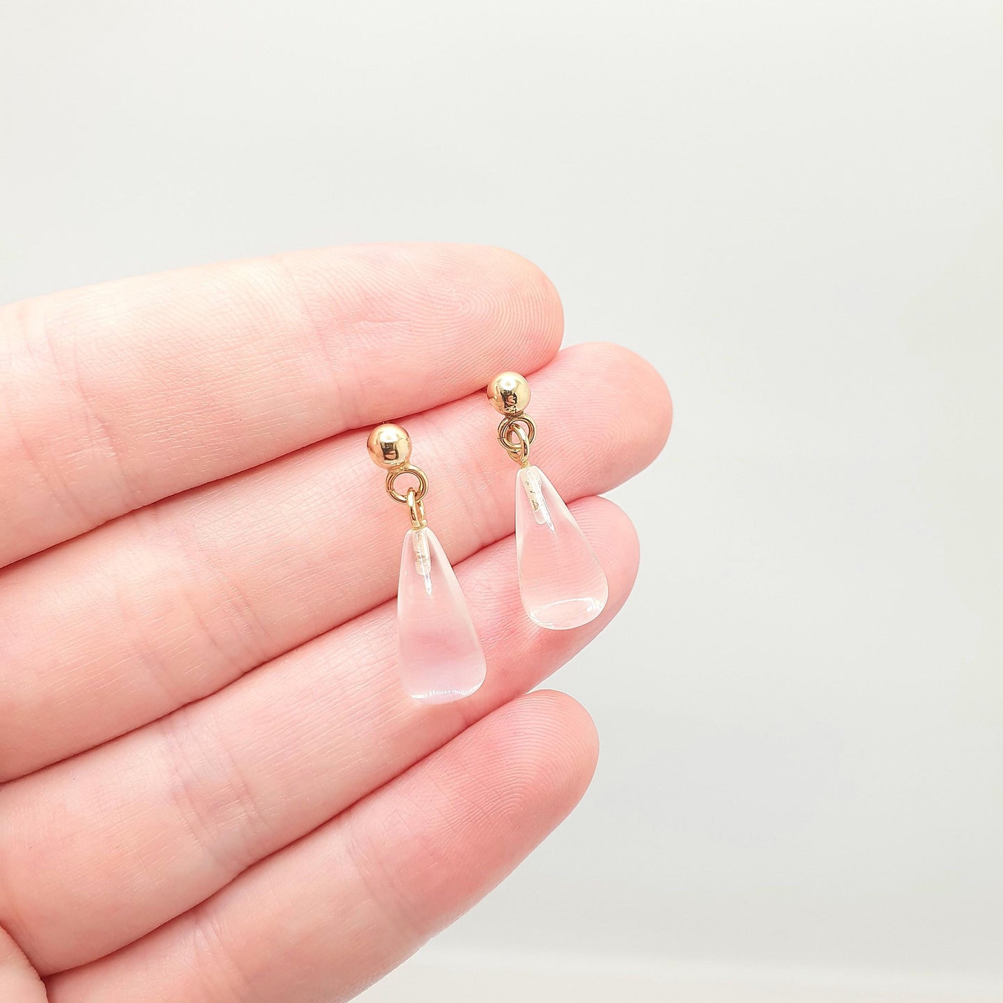 Vintage 9k 9ct Gold Rock Crystal Earrings Clear Quartz Teardrop Hanging Drop Stud Solid 9 375 Real Gemstone Genuine Womens Jewelry Jewellery