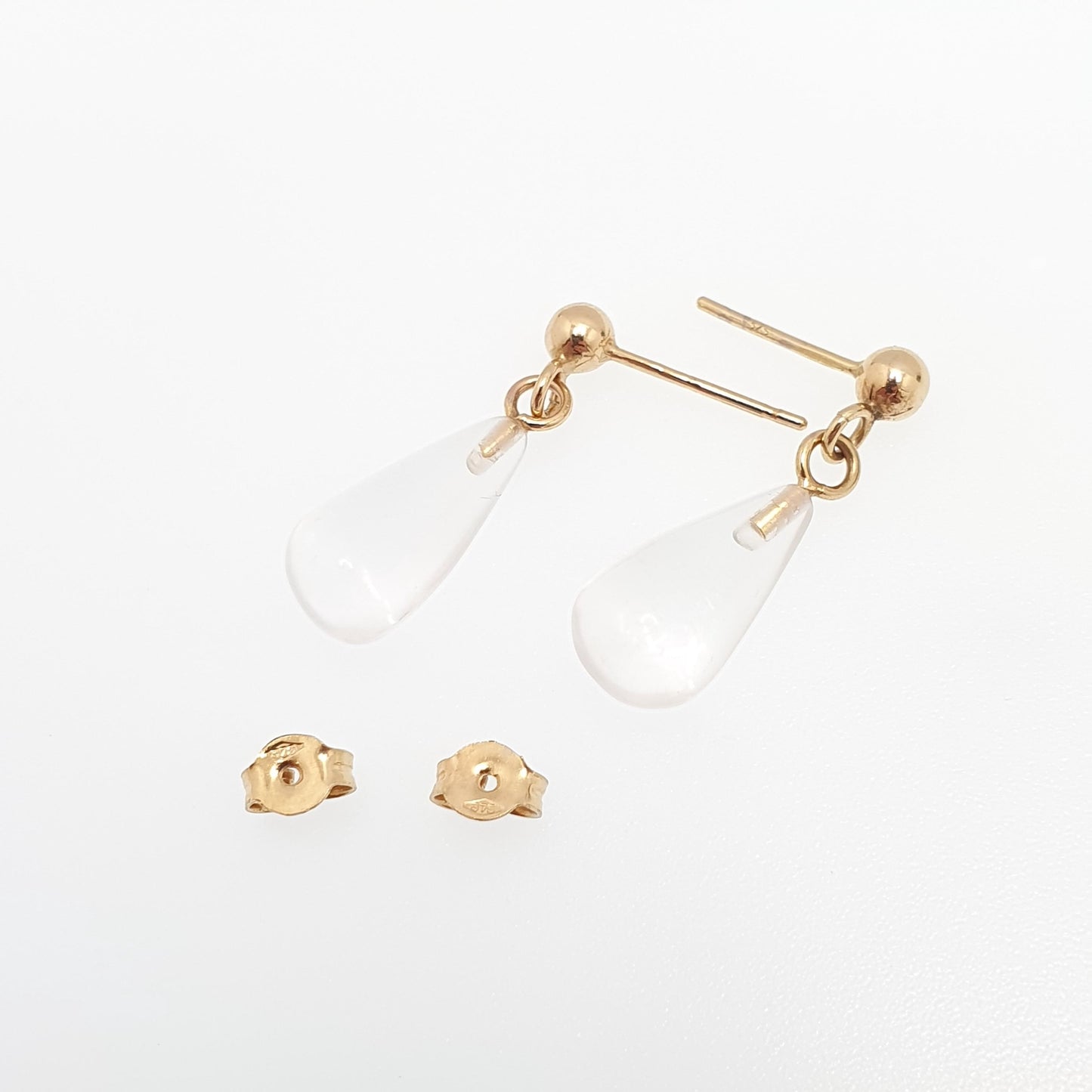 Vintage 9k 9ct Gold Rock Crystal Earrings Clear Quartz Teardrop Hanging Drop Stud Solid 9 375 Real Gemstone Genuine Womens Jewelry Jewellery