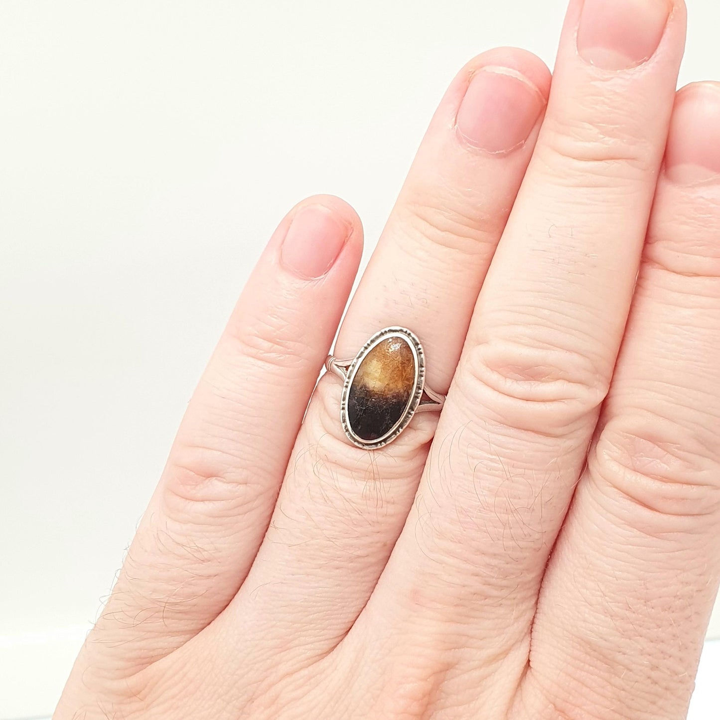 Antique Victorian Blue John Sterling Silver Ring Large Signet Cabochon Bleu Jaune Vintage 1920s Womens Rare Gemstone Jewelry Jewellery