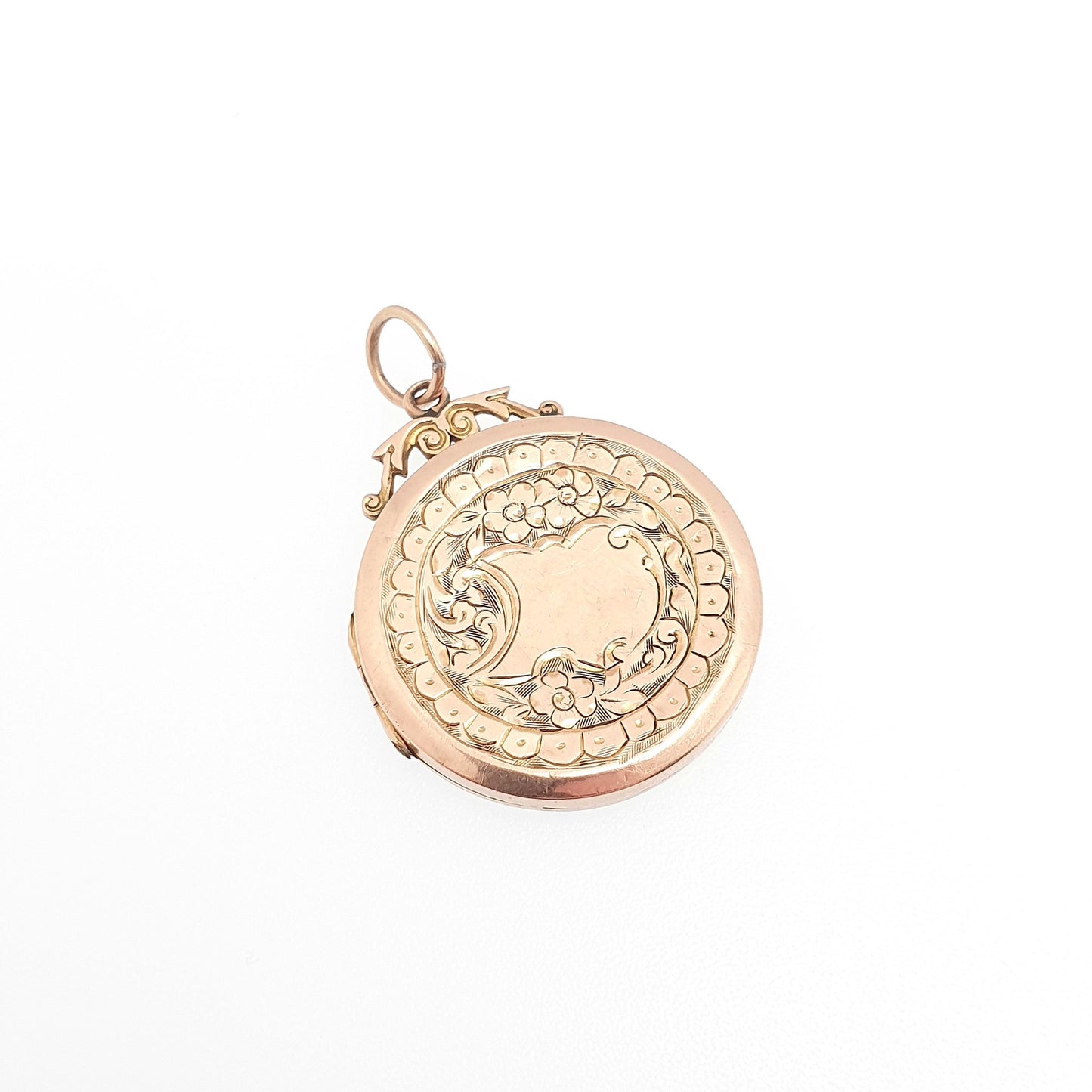 Antique 9ct Rose Gold Locket Round Circle Solid 9k 375 Shield Engraved Big Pendant Love Gift Back & Front Necklace Jewelry Womens Jewellery
