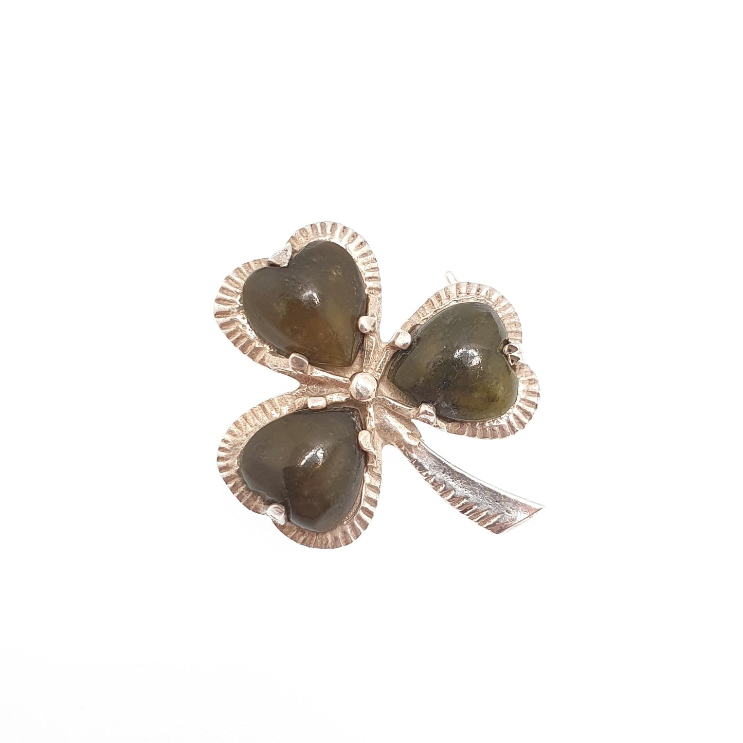Vintage Connemara Marble Clover Brooch Pin Sterling Silver 1970 Hallmark Dublin Three Leaf Green Shamrock Celtic Gaelic Jewelry Jewellery