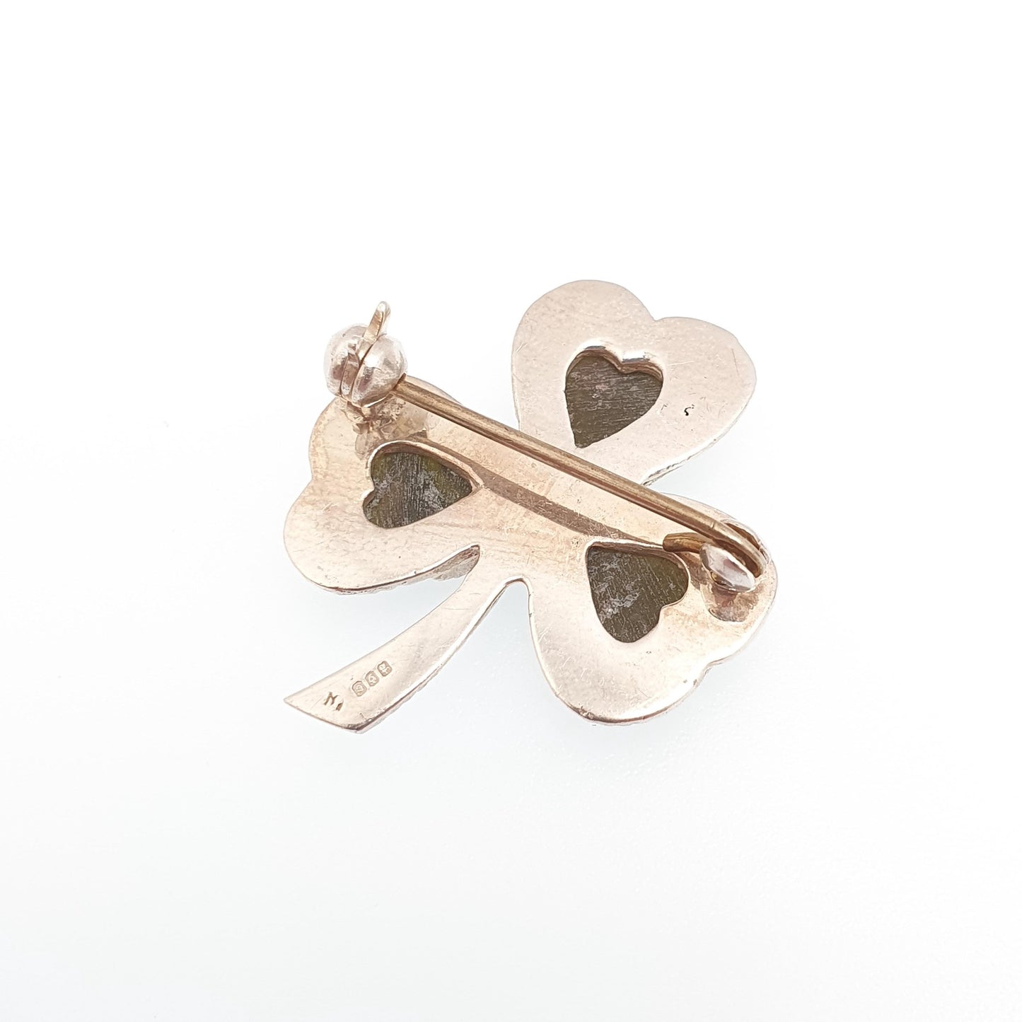 Vintage Connemara Marble Clover Brooch Pin Sterling Silver 1970 Hallmark Dublin Three Leaf Green Shamrock Celtic Gaelic Jewelry Jewellery