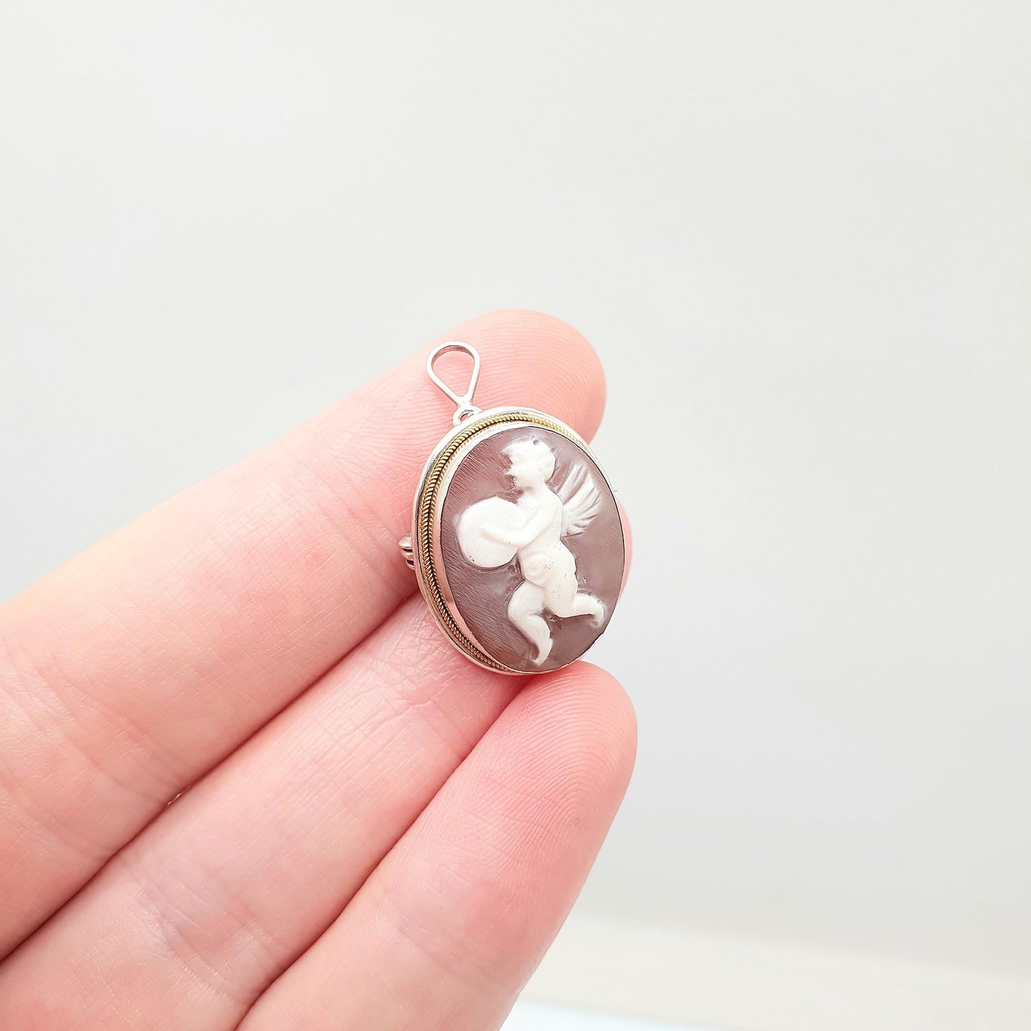 Vintage Sterling Silver Cherub Cameo Necklace Pendant Brooch Cute Shell Hand Carved Italian Solid 925 Small Jewelry Jewellery Jewelry