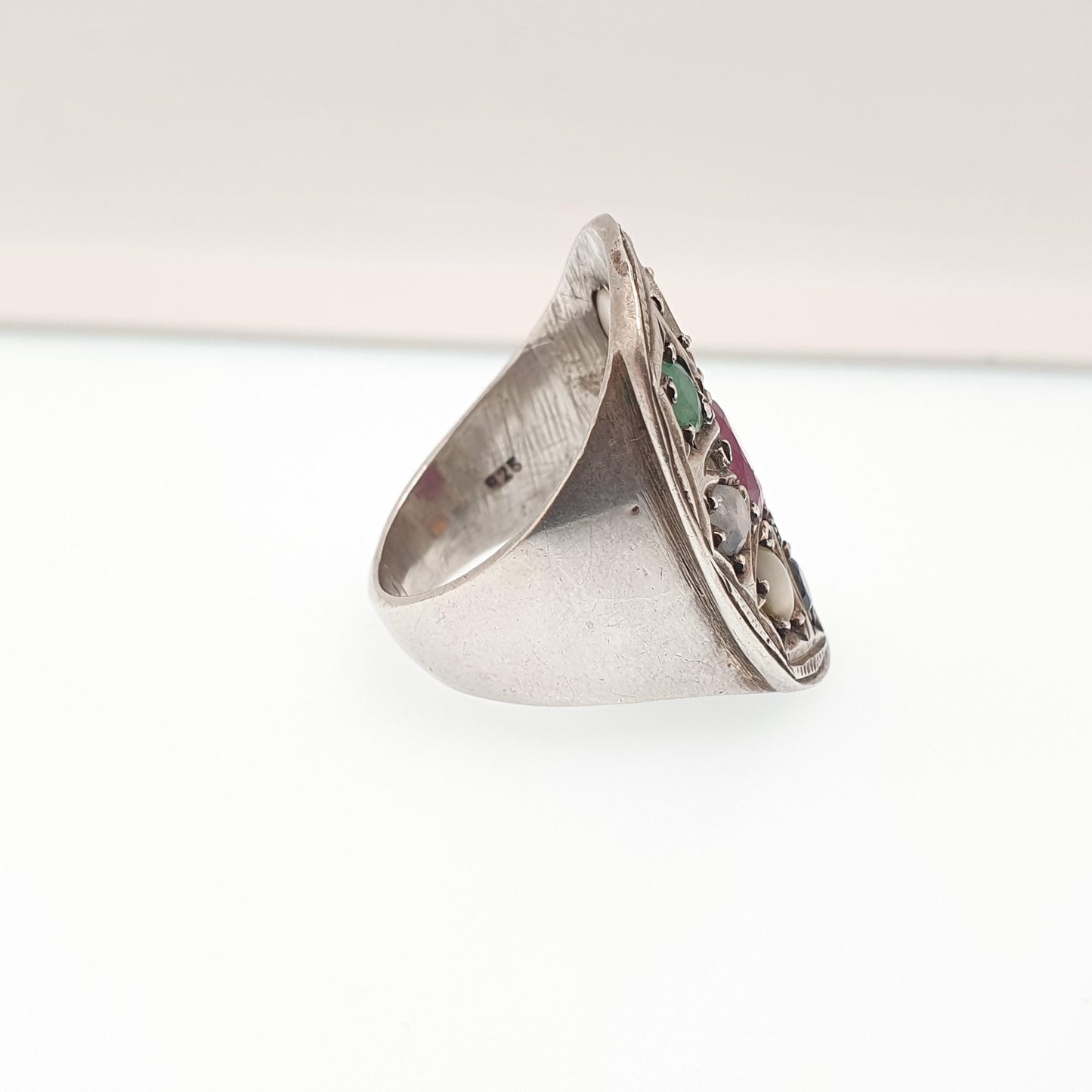 Vintage Sterling Silver Navaratna Ring Multi Gemstone Ruby Emerald Sapphire Thai Thailand Ratnas Topaz Citrine Large Cluster Vintage Jewelry