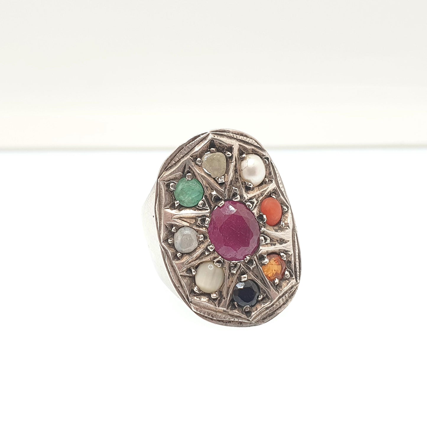 Vintage Sterling Silver Navaratna Ring Multi Gemstone Ruby Emerald Sapphire Thai Thailand Ratnas Topaz Citrine Large Cluster Vintage Jewelry