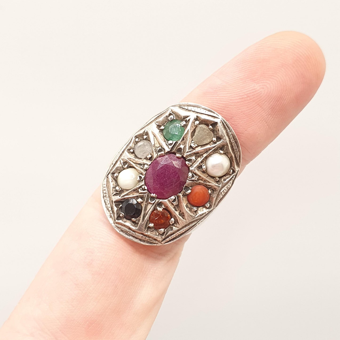 Vintage Sterling Silver Navaratna Ring Multi Gemstone Ruby Emerald Sapphire Thai Thailand Ratnas Topaz Citrine Large Cluster Vintage Jewelry