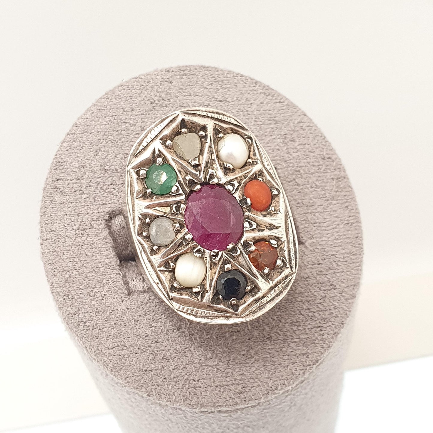 Vintage Sterling Silver Navaratna Ring Multi Gemstone Ruby Emerald Sapphire Thai Thailand Ratnas Topaz Citrine Large Cluster Vintage Jewelry