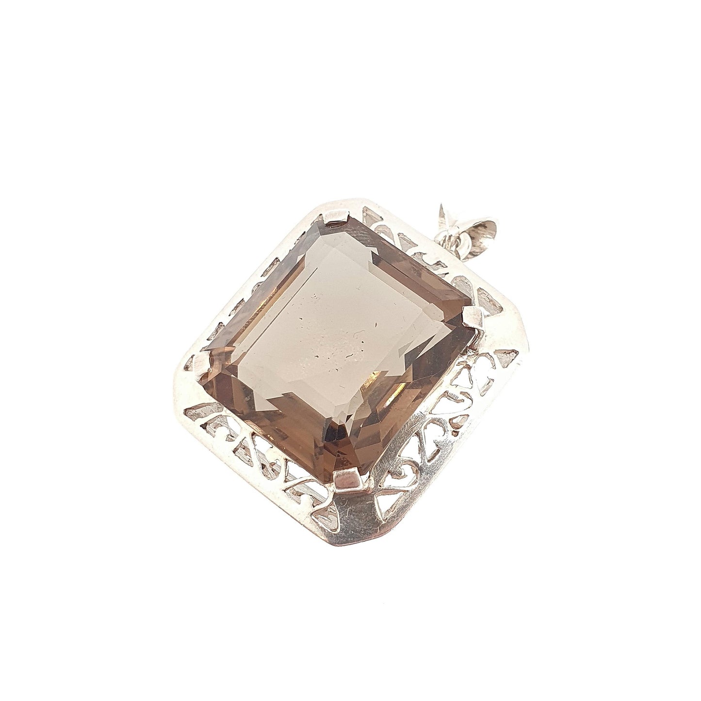 Antique Solid Silver Smoky Quartz Pendant Necklace Large Big Natural Gemstone Art Deco 1920s Rectangular Genuine Womens Jewelry Jewellery