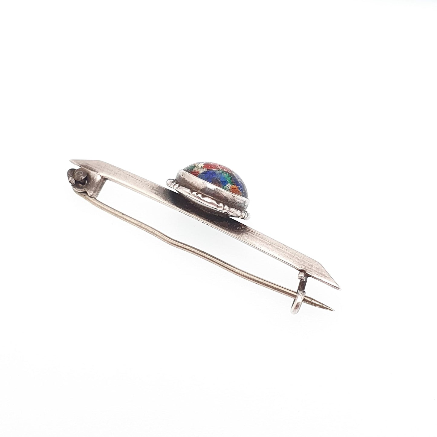 Antique Solid Silver Foiled Opal Glass Brooch Multi Coloured Bar Pin Tutti Fruitti Ladies Round Circle Womens Vintage Jewelry Jewellery