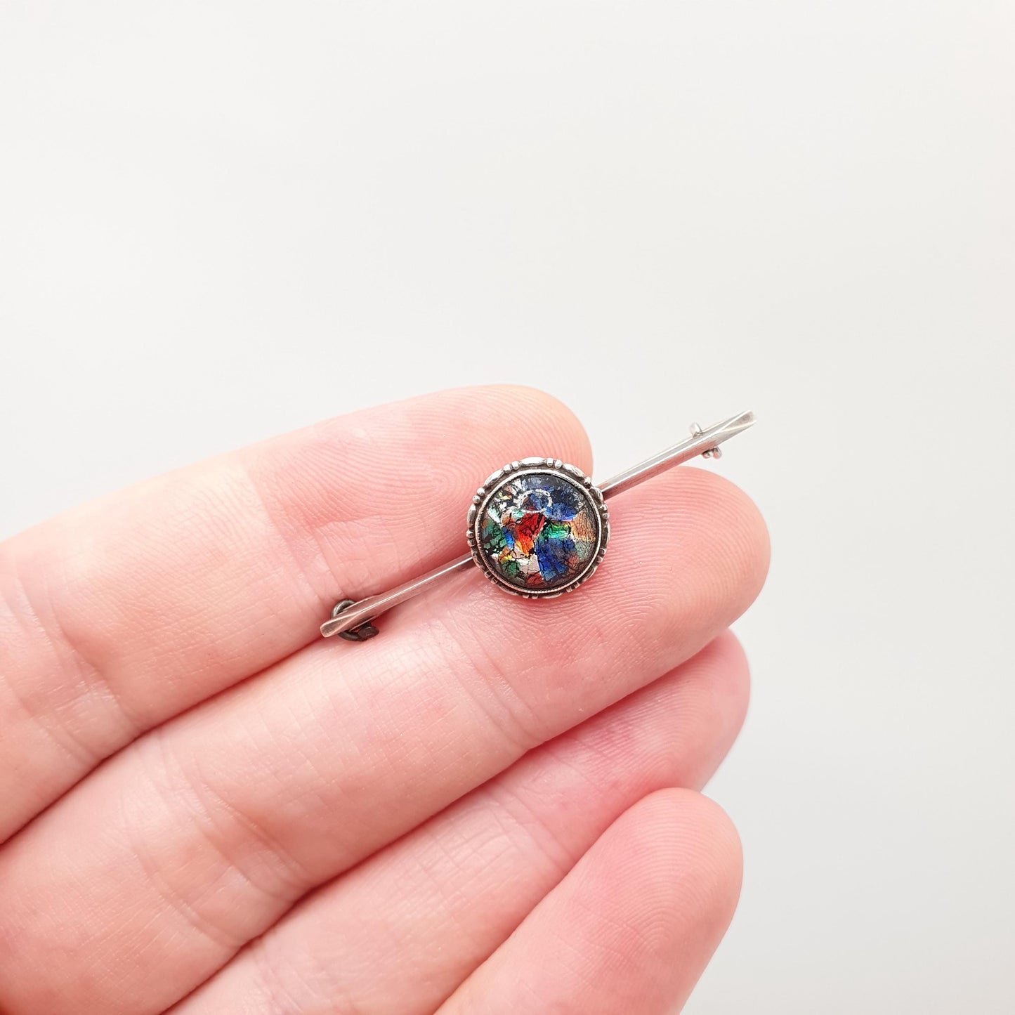 Antique Solid Silver Foiled Opal Glass Brooch Multi Coloured Bar Pin Tutti Fruitti Ladies Round Circle Womens Vintage Jewelry Jewellery