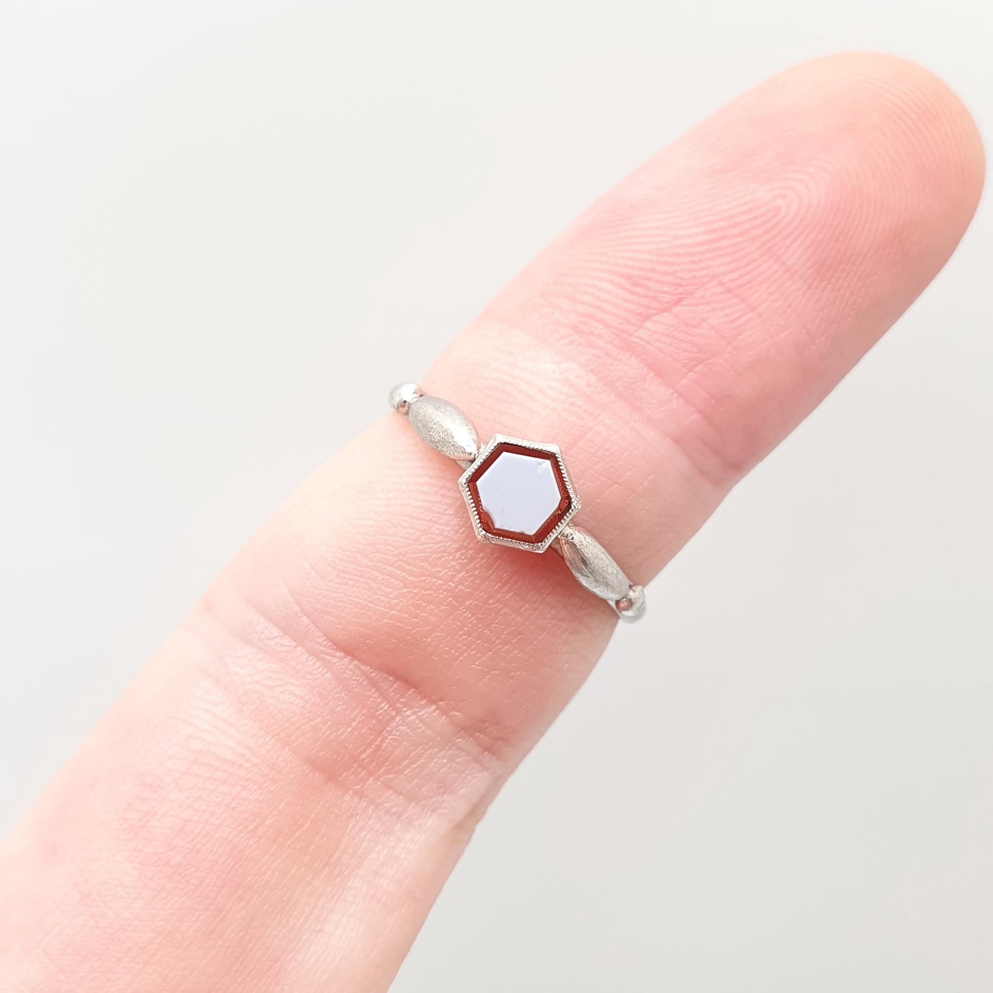 Antique Sterling Silver Agate Glass Signet Ring Hexagon Cut White Face Faux Gemstone Artt Deco 1920s Womens Old Vintage Jewelry Jewellery