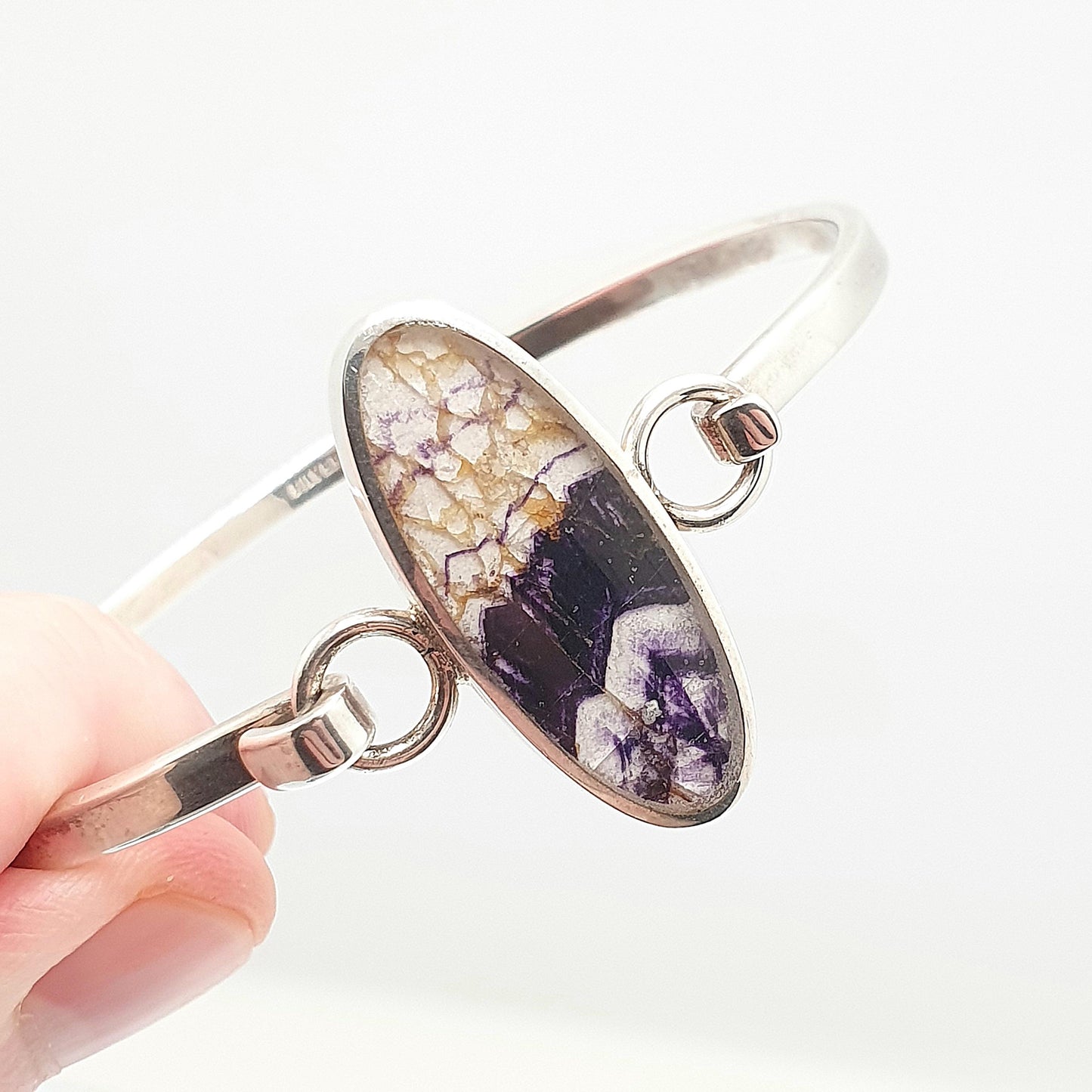 Retro Sterling Silver Blue John Bangle Bracelet Bleu Jaune Rare Heavy 18.25g Large Big Purple Vintage Womens Jewelry Retro Jewellery