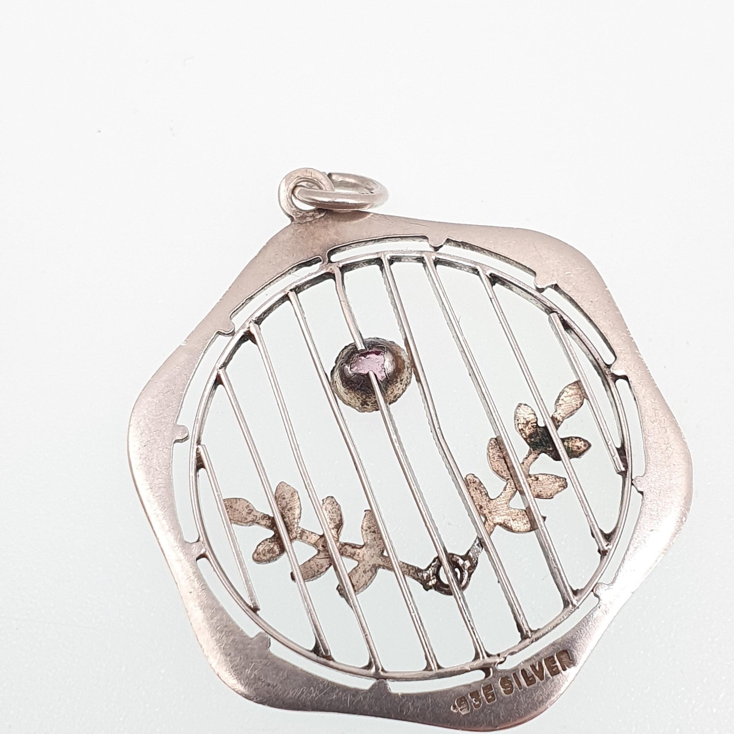Antique Sterling Silver Pink Paste Pendant Necklace Edwardian Art Nouveau 1900s Openwork Hexagon Genuine Vintage Womens Jewelry Jewellery