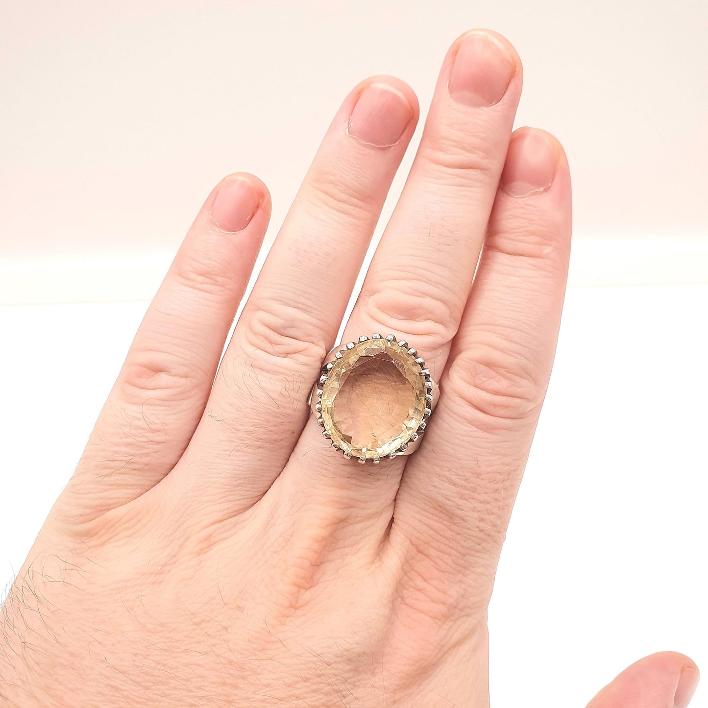 Vintage Solid Silver Natural Citrine Ring Huge Large Big Mexican or Navajo Style Oval Cut Chunky Gemstone Womens Jewelry Jewellery