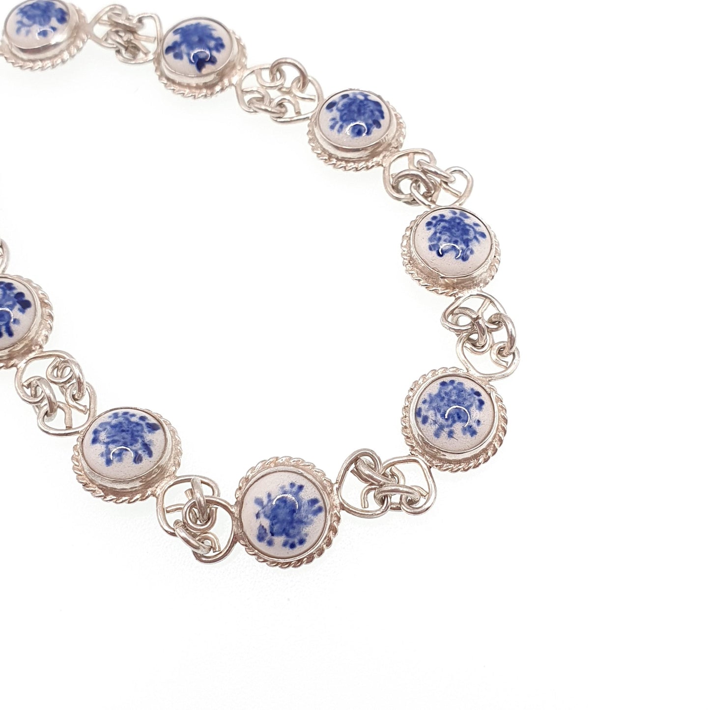 Vintage Dutch China Solid Silver Bracelet Flower Floral Dome Blue Ceramic Porcelain Chain Link Retro Womens Jewelry Jewellery