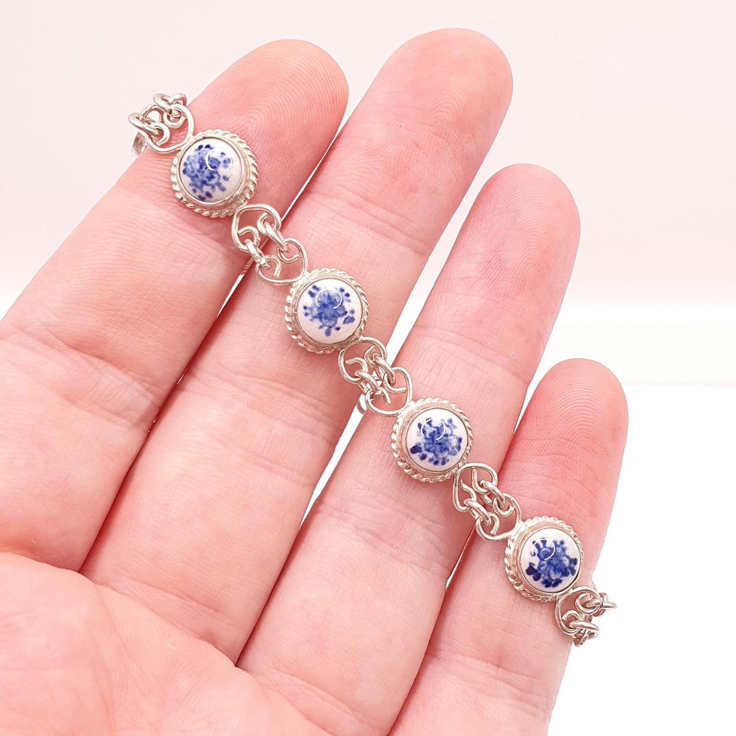 Vintage Dutch China Solid Silver Bracelet Flower Floral Dome Blue Ceramic Porcelain Chain Link Retro Womens Jewelry Jewellery