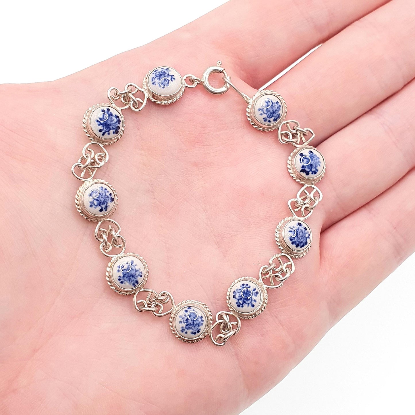 Vintage Dutch China Solid Silver Bracelet Flower Floral Dome Blue Ceramic Porcelain Chain Link Retro Womens Jewelry Jewellery