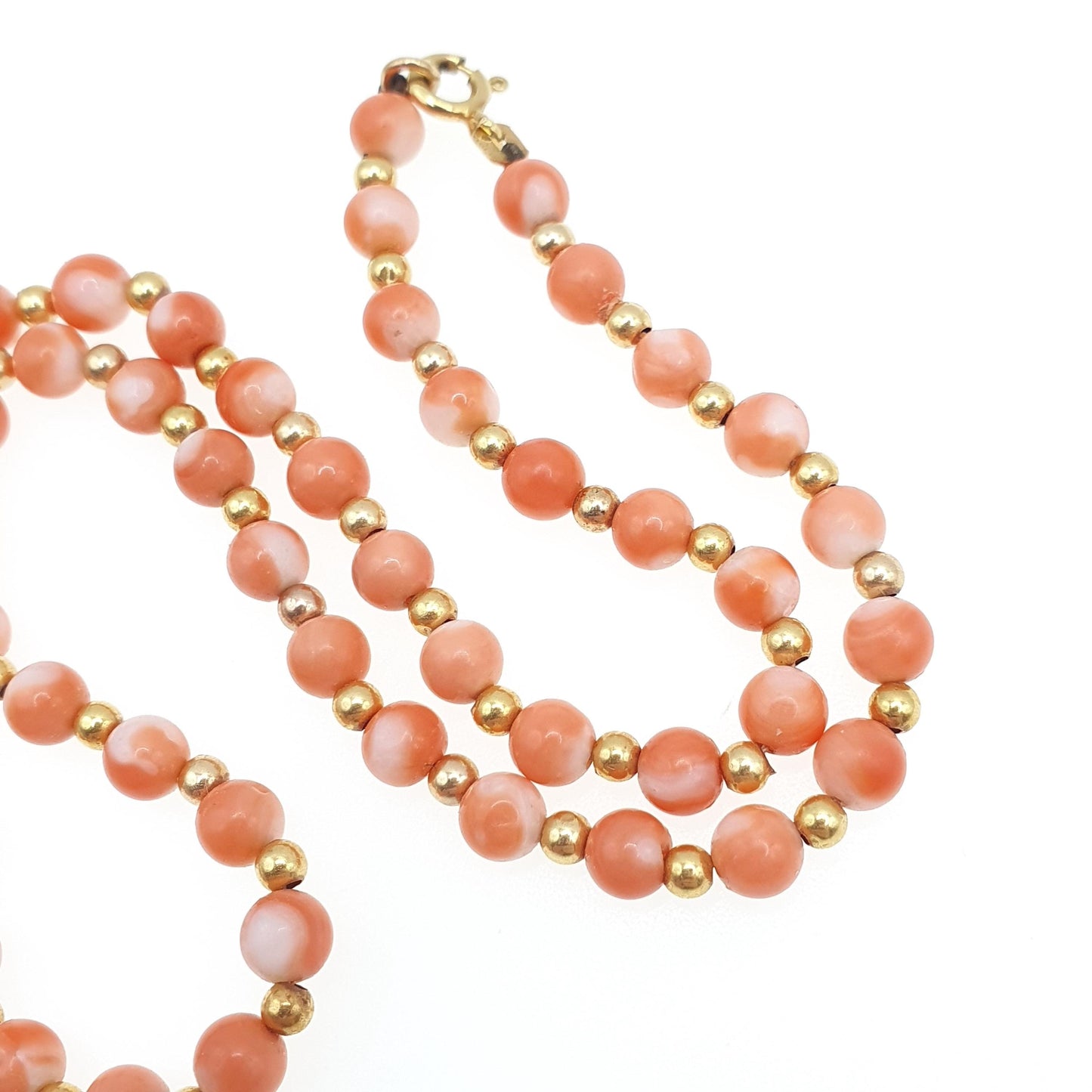 Vintage 9ct Gold Coral Bead Necklace Choker Angel Skin Pink Orange Solid 9k 375 39cm 15.35" 11.37g Hallmark Womens Vintage Jewelry Jewellery
