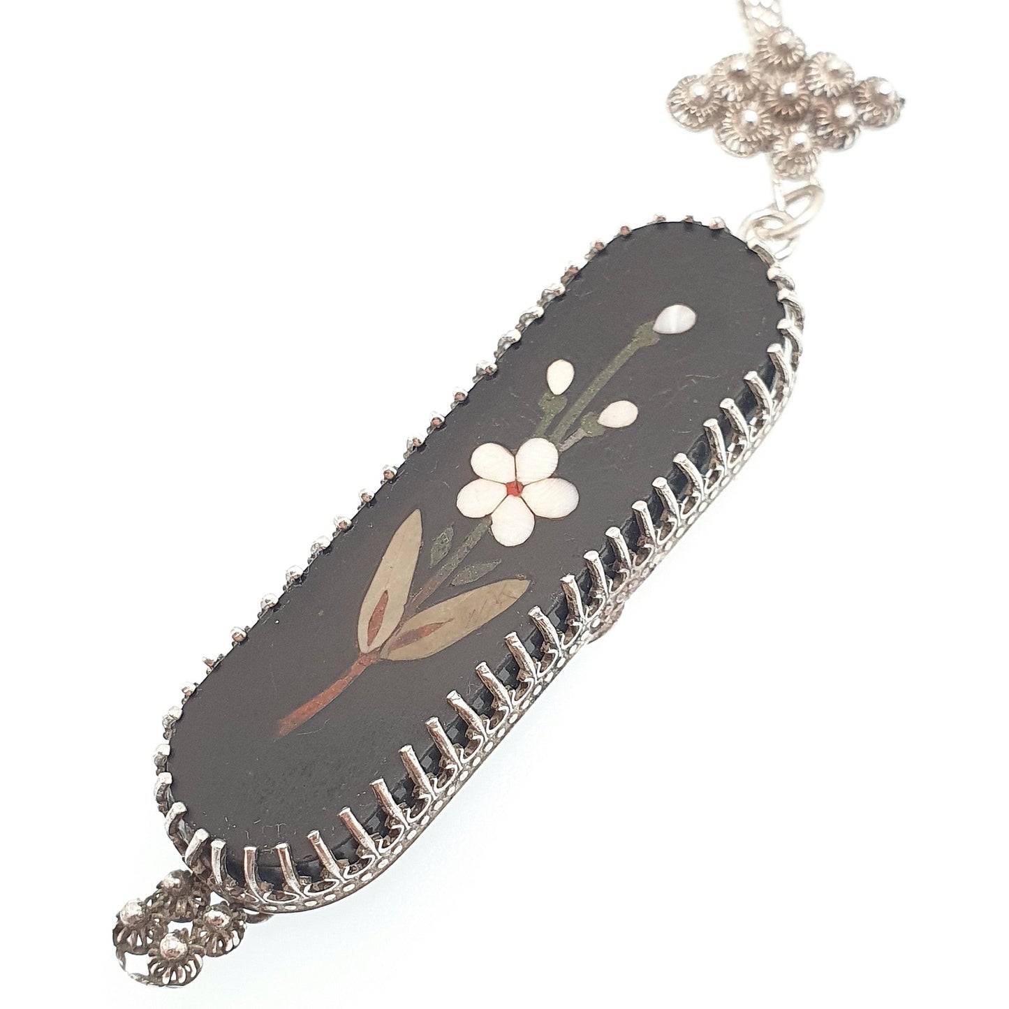 Antique Victorian Sterling Silver Pietra Dura Necklace Pendant Large Marble Flower Mosaic Solid 925 1800s Vintage Womens Jewellery Jewelry