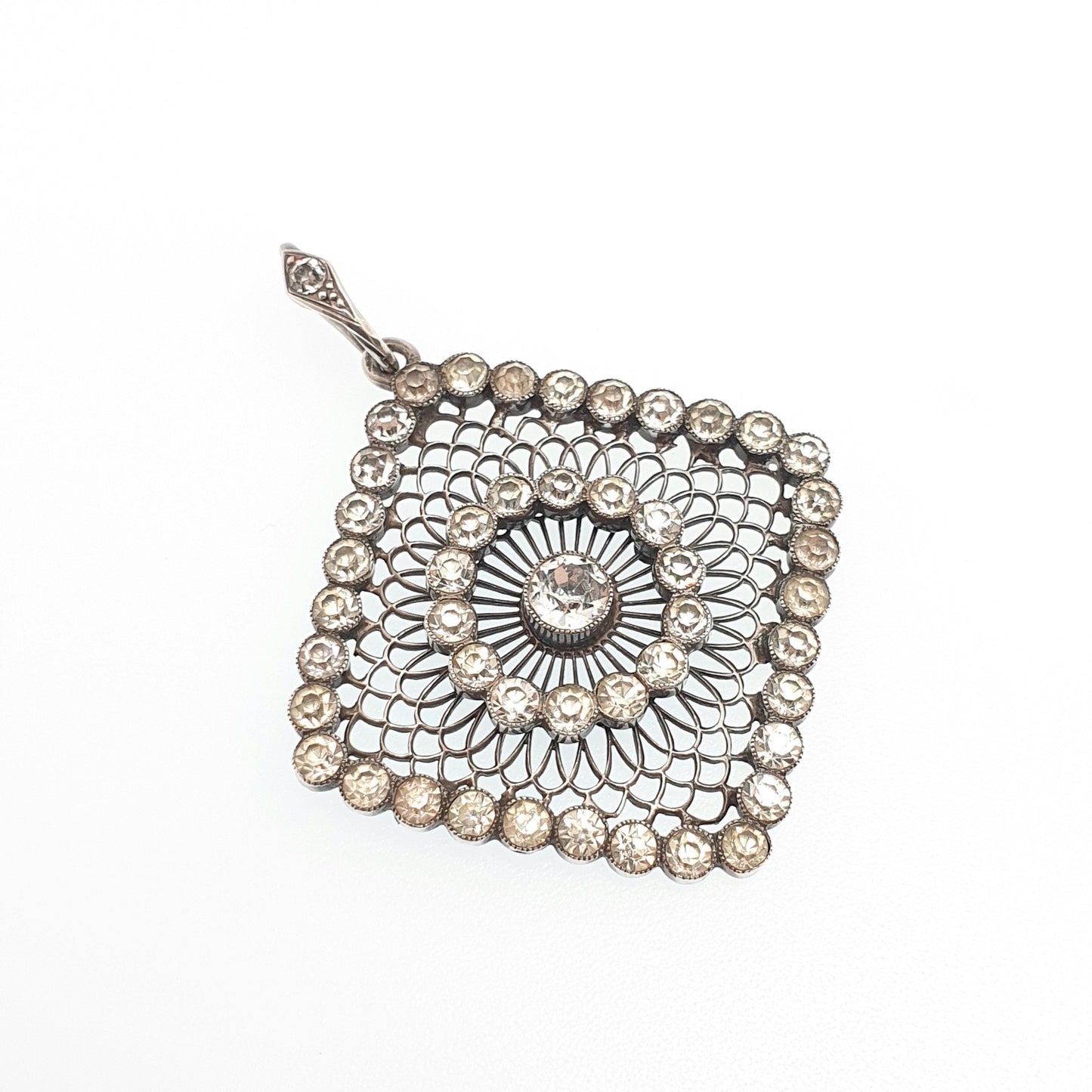 Antique Solid Silver Diamond Paste Pendant Dreamcatcher Web Spiral Necklace Large Square Art Deco Sparkly Vintage Womens Jewellery Jewelry