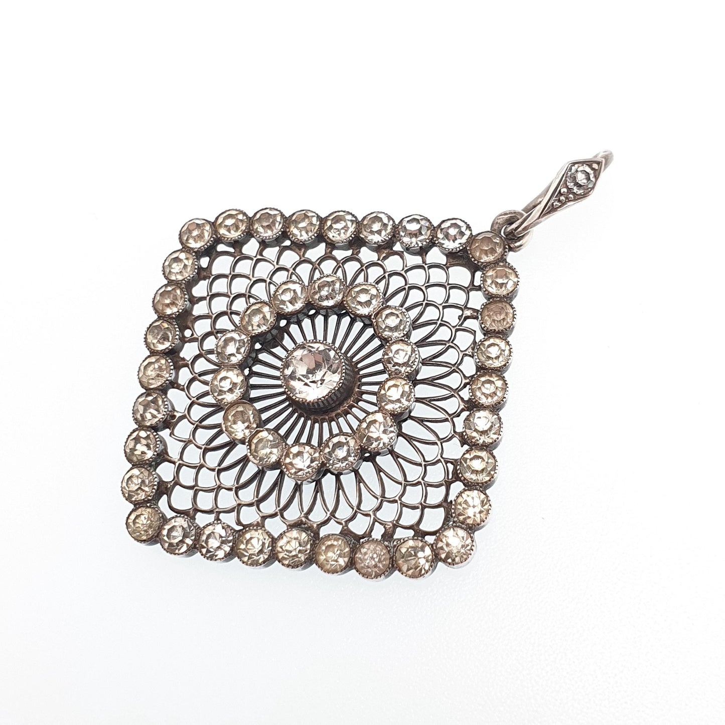 Antique Solid Silver Diamond Paste Pendant Dreamcatcher Web Spiral Necklace Large Square Art Deco Sparkly Vintage Womens Jewellery Jewelry