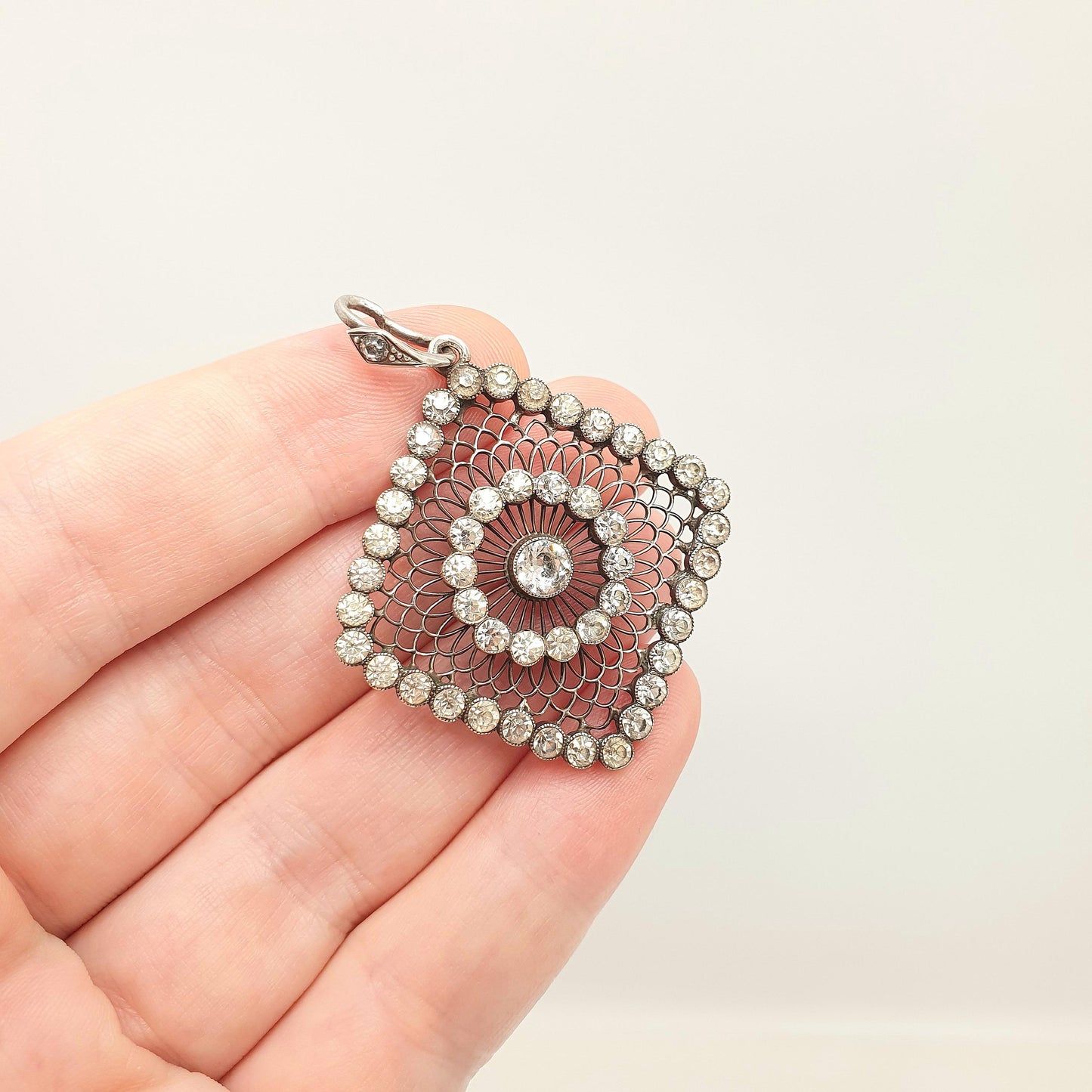 Antique Solid Silver Diamond Paste Pendant Dreamcatcher Web Spiral Necklace Large Square Art Deco Sparkly Vintage Womens Jewellery Jewelry
