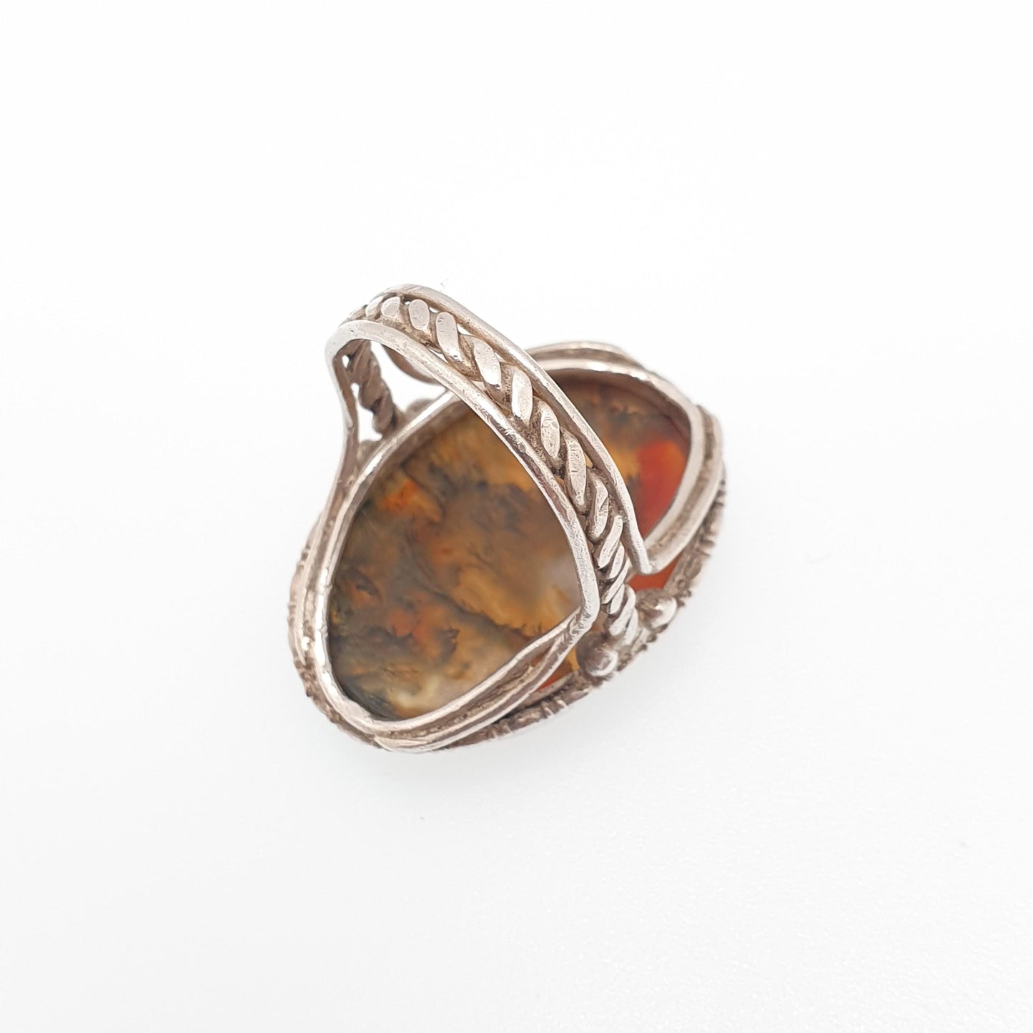 Antique Solid Silver Moss Agate Ring Large Big Cabochon Natural Gemstone Branch Veined Quartz Statement Signet Womens Jewellery Jewelry