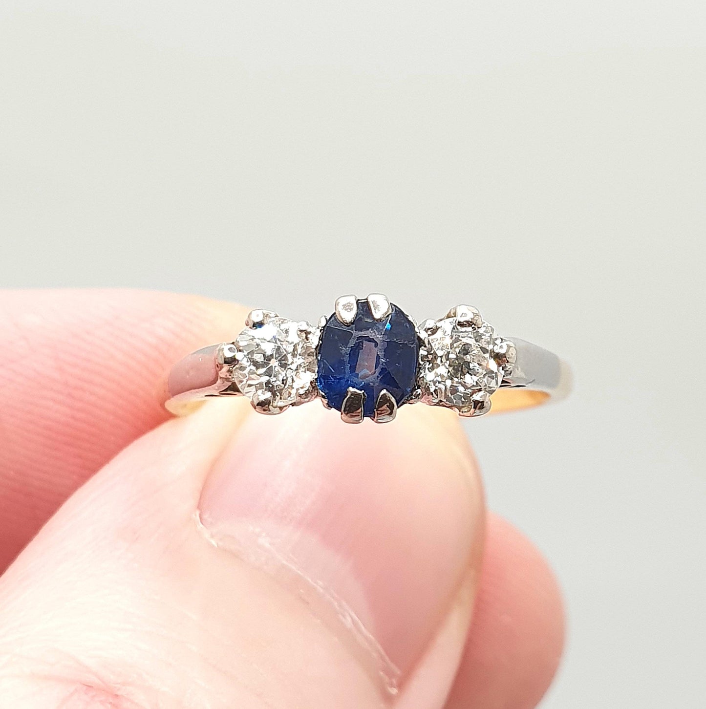 Antique Sapphire & Diamond Ring 18k 18ct Solid Gold 750 Trilogy Old Cut Art Deco 1920s Genuine Natural Gemstone Vintage Jewelry Jewellery