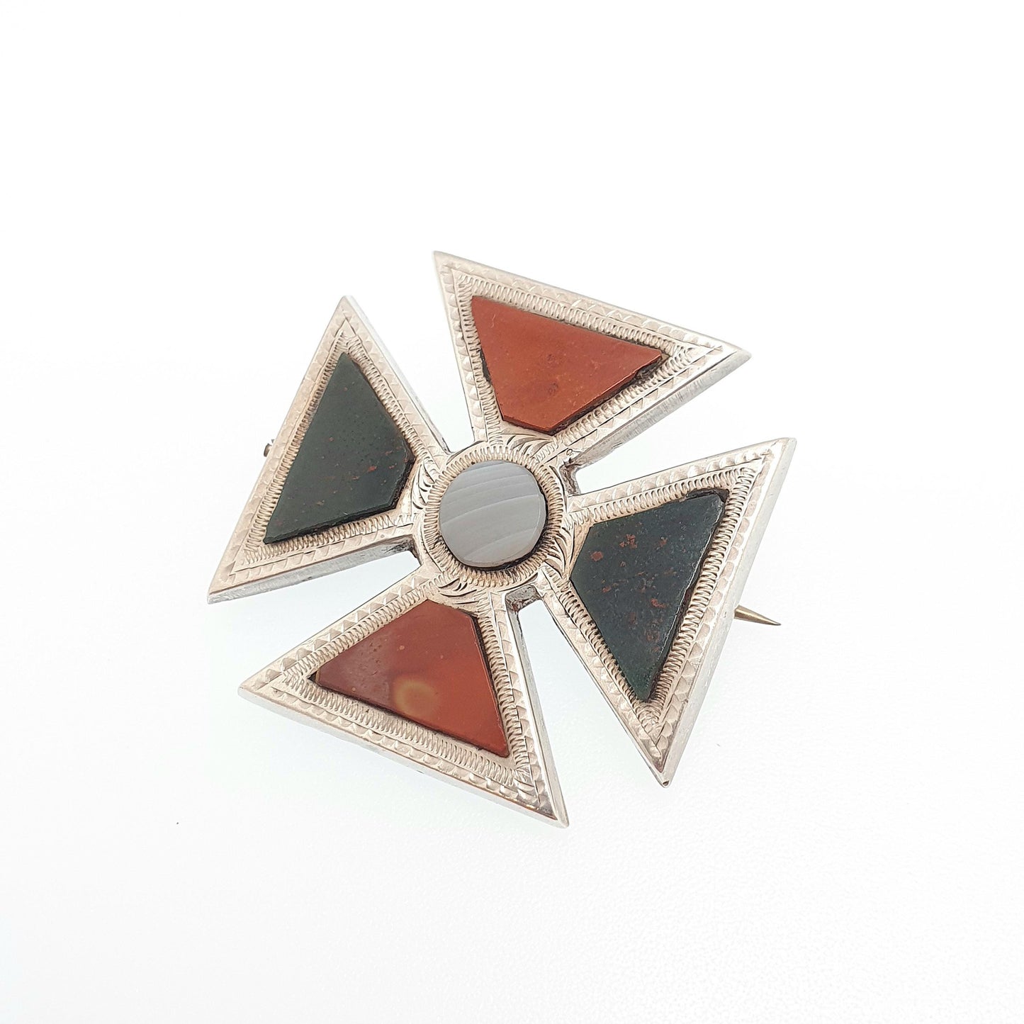 Antique Victorian Solid Silver Maltese Cross Brooch Pin Scottish Montrose Lace Agate Bloodstone Cruciform Crucifix 1800s Jewelry Jewellery