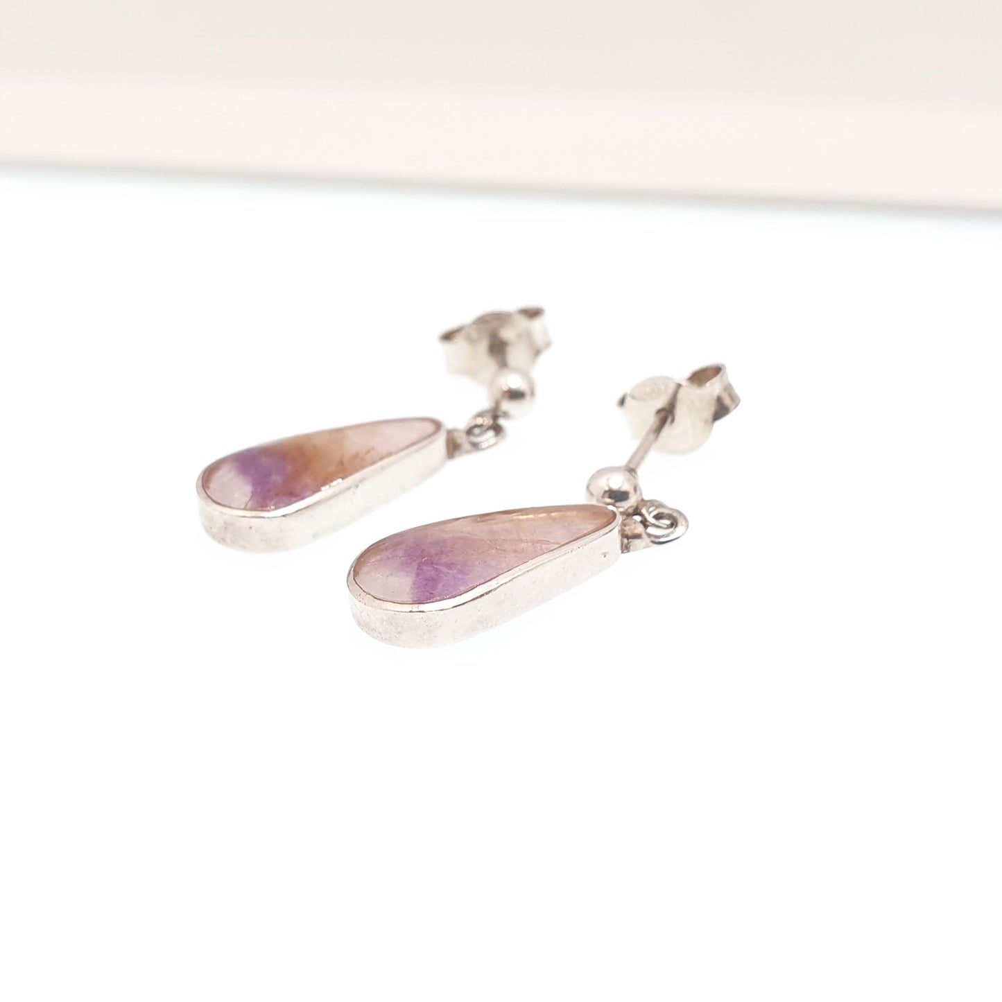 Vintage Blue John Sterling Silver Earrings Stud Hanging Pear Teardrop Drop Cabochon Bleu Jaune Womens 925 Gemstone Jewelry Jewellery