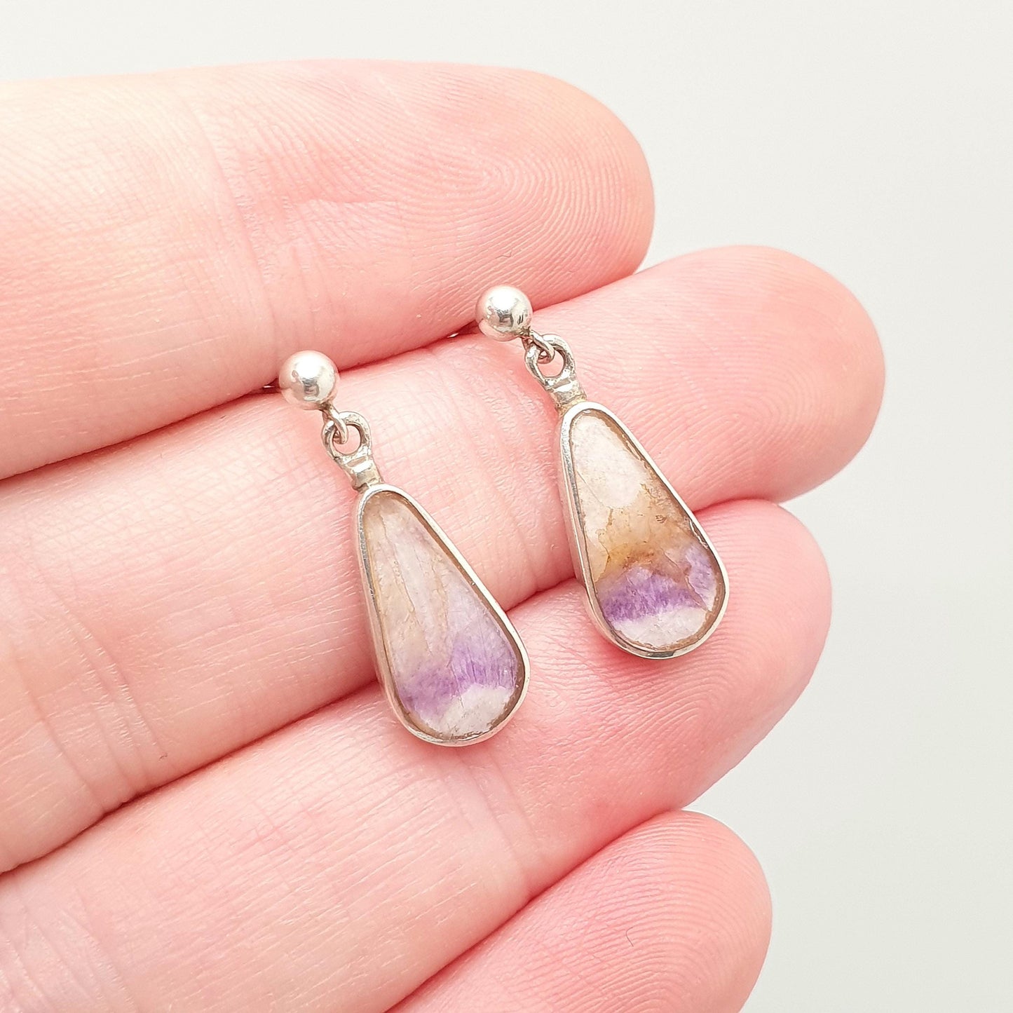Vintage Blue John Sterling Silver Earrings Stud Hanging Pear Teardrop Drop Cabochon Bleu Jaune Womens 925 Gemstone Jewelry Jewellery