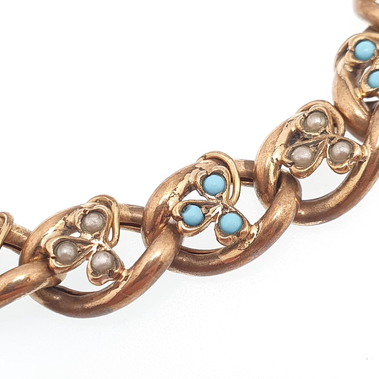 Antique Rolled Gold Filled Clover Bracelet Victorian Curb Link Faux Turquoise & Pearl 22cm 8.6" 26.88g Jewelry Jewellery Womens