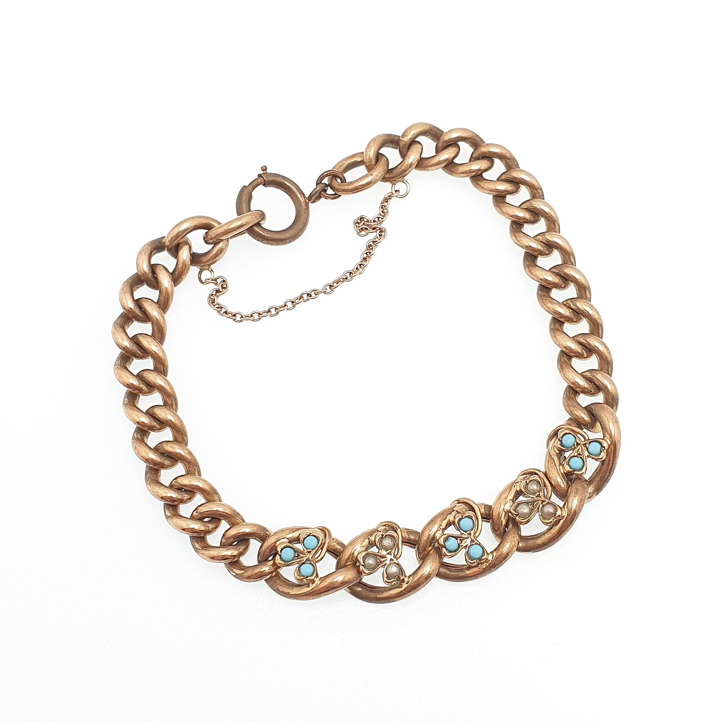 Antique Rolled Gold Filled Clover Bracelet Victorian Curb Link Faux Turquoise & Pearl 22cm 8.6" 26.88g Jewelry Jewellery Womens