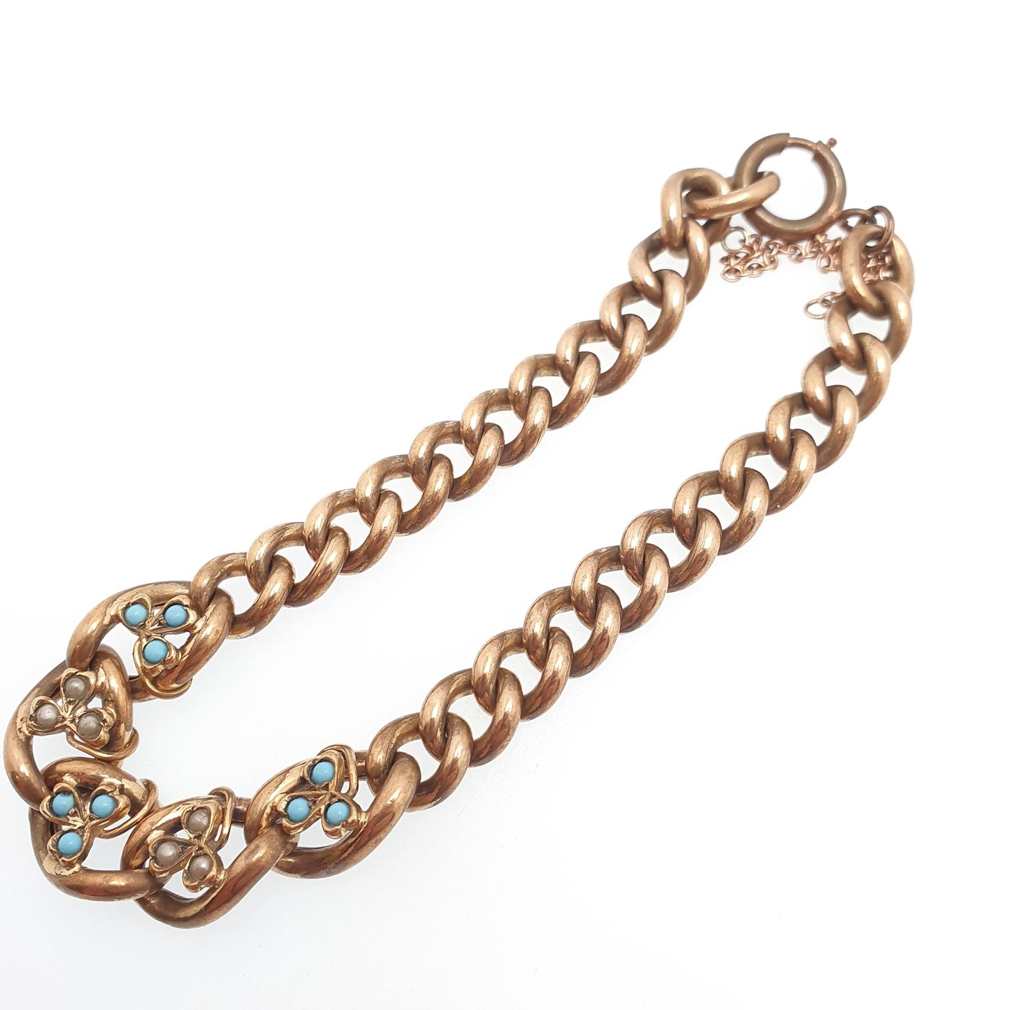 Antique Rolled Gold Filled Clover Bracelet Victorian Curb Link Faux Turquoise & Pearl 22cm 8.6" 26.88g Jewelry Jewellery Womens