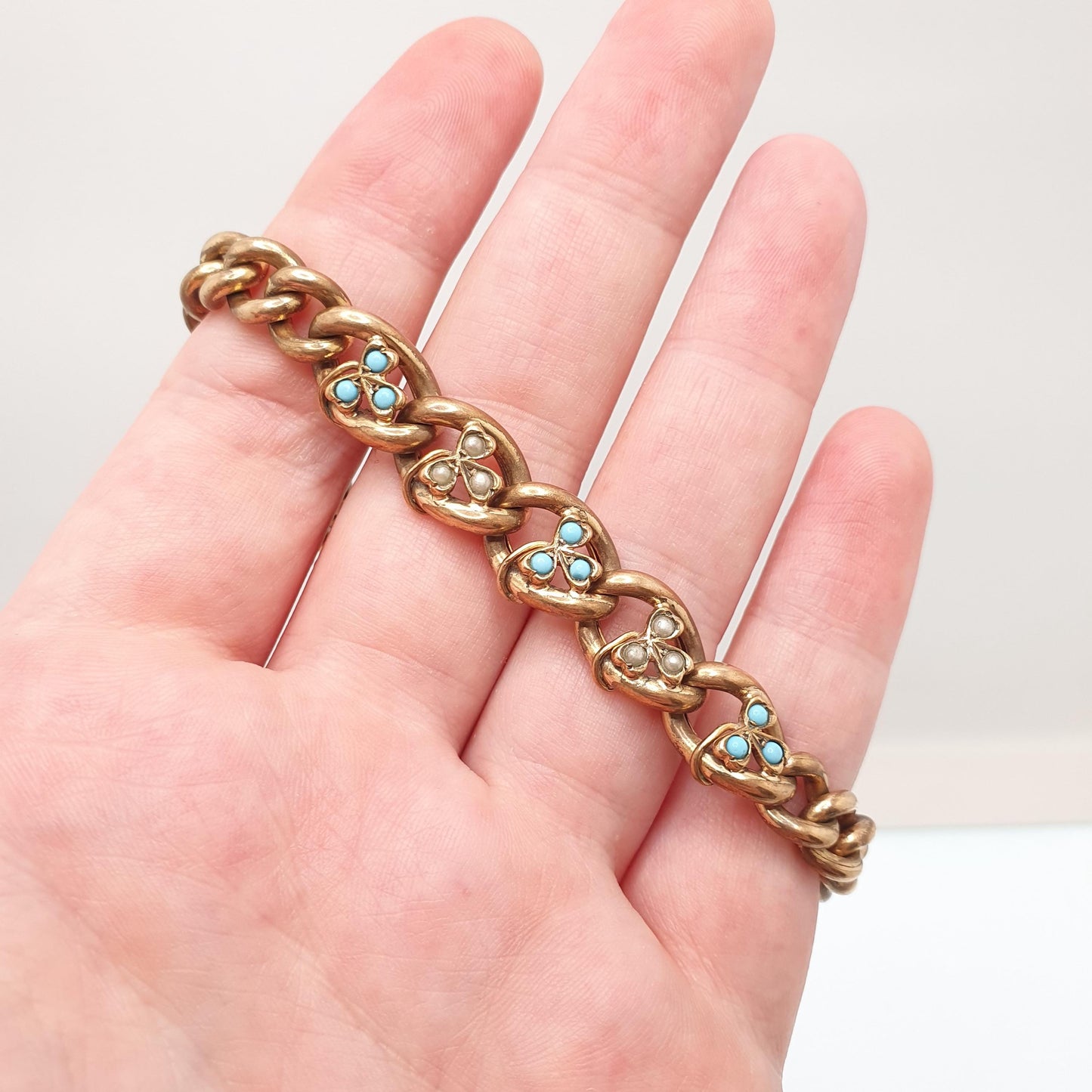 Antique Rolled Gold Filled Clover Bracelet Victorian Curb Link Faux Turquoise & Pearl 22cm 8.6" 26.88g Jewelry Jewellery Womens