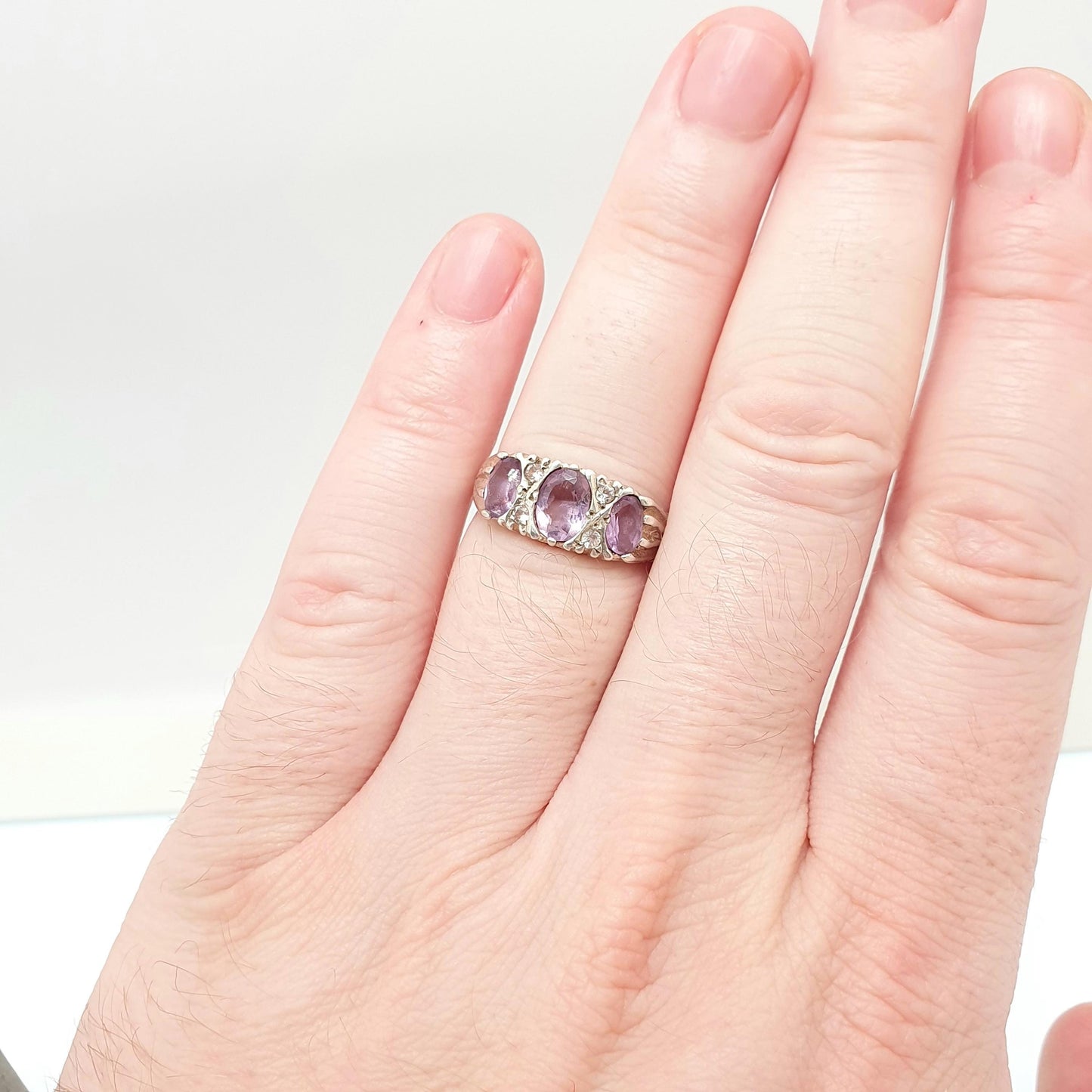 Vintage Sterling Silver Amethyst Ring Gypsy Large Gemstones White Quartz Hallmark Chunky Solid 925 Sparkly Retro Jewellery Jewelry