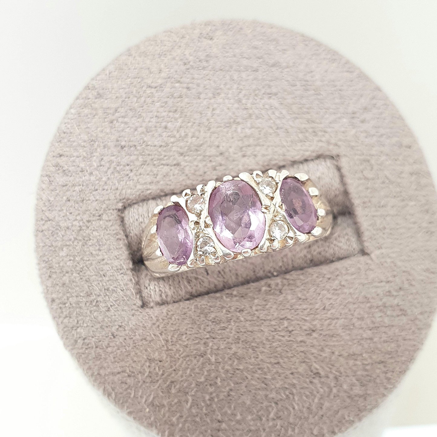 Vintage Sterling Silver Amethyst Ring Gypsy Large Gemstones White Quartz Hallmark Chunky Solid 925 Sparkly Retro Jewellery Jewelry