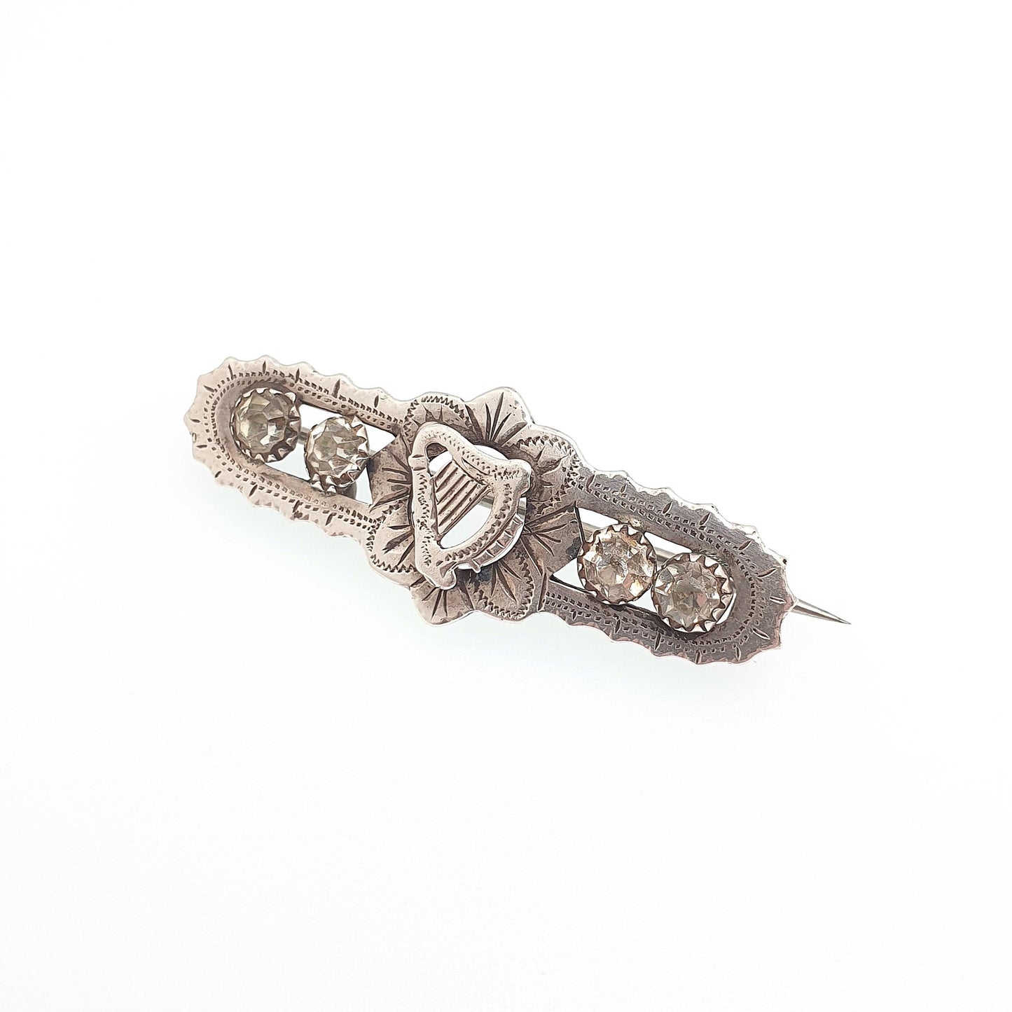 Antique Sterling Silver Hard Brooch Diamond Paste 1876 Hallmark Victorian Sweetheart 925 Musical Music Vintage Womens Jewelry Jewellery