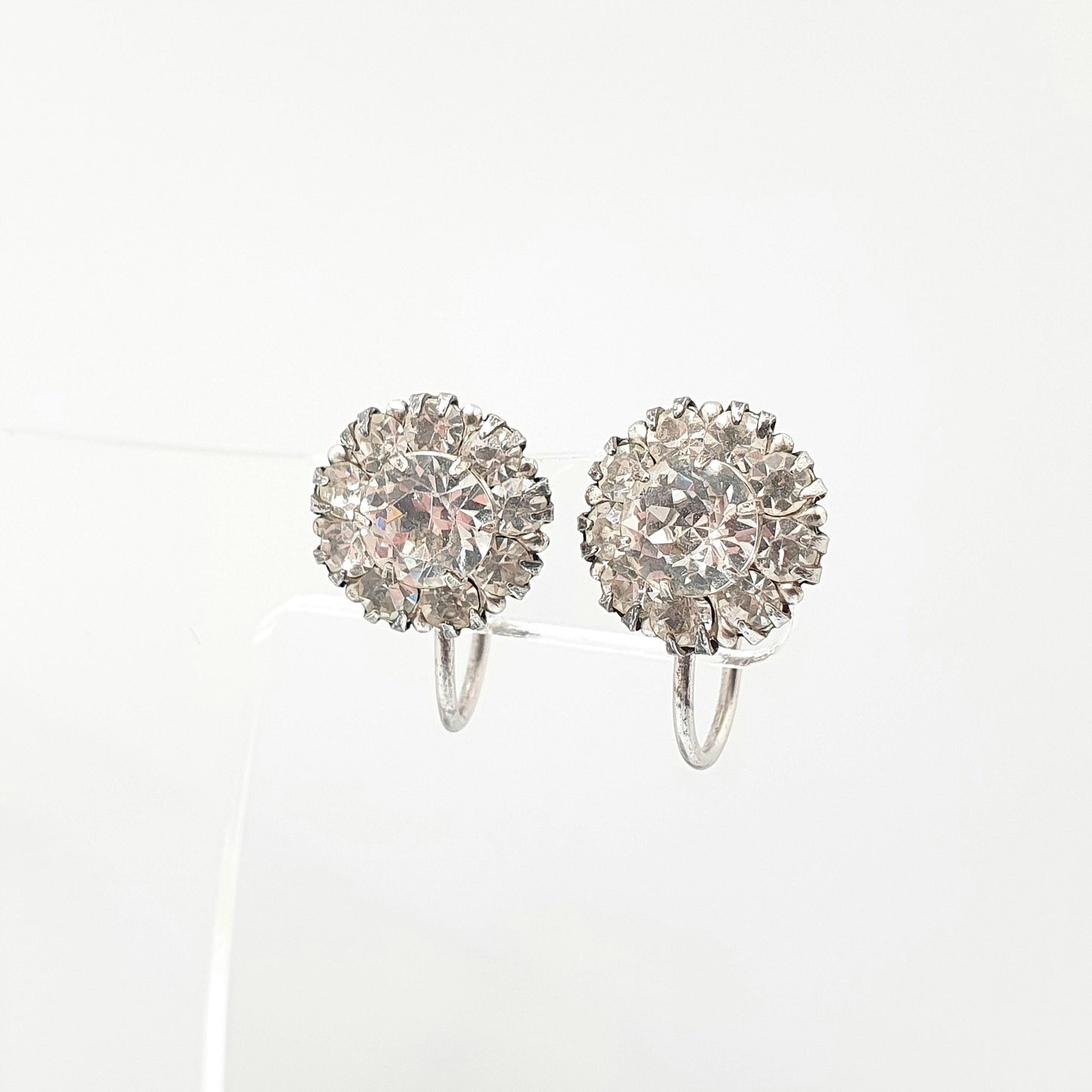 Antique Solid Silver Diamond Paste Earrings Cluster Screw Back Sparkly Foiled Glass Fine Edwardian Vintage Womens Jewelry Jewellery