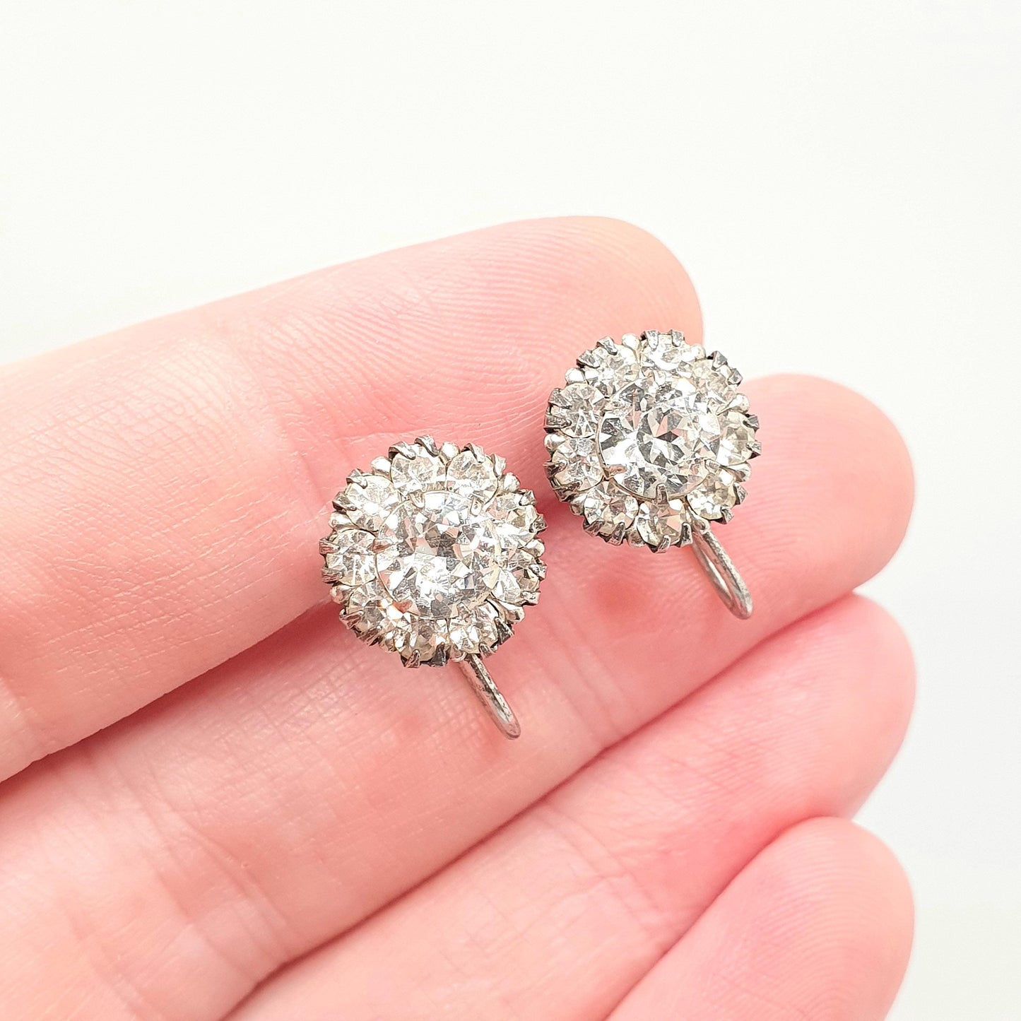 Antique Solid Silver Diamond Paste Earrings Cluster Screw Back Sparkly Foiled Glass Fine Edwardian Vintage Womens Jewelry Jewellery