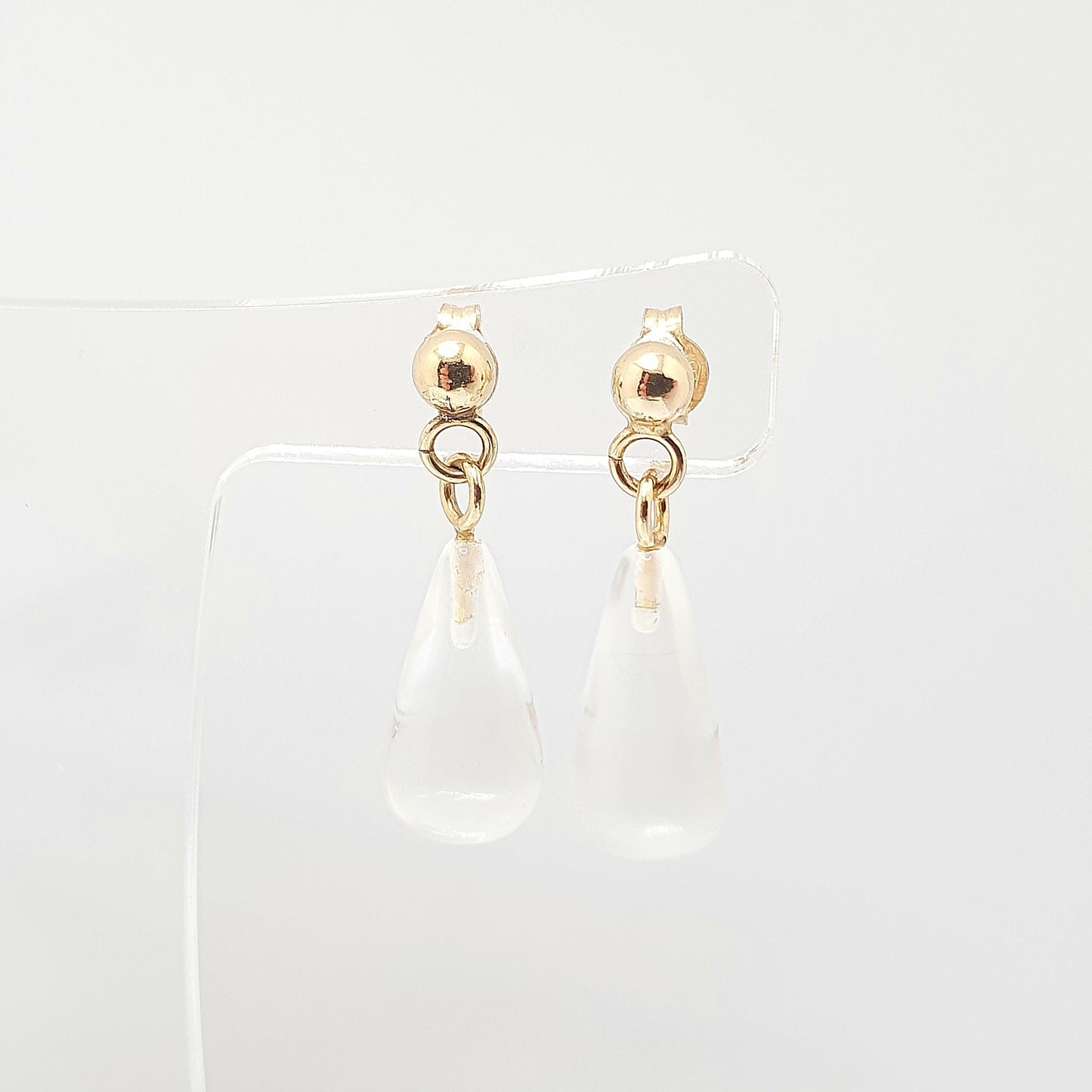 Vintage 9k 9ct Gold Rock Crystal Earrings Clear Quartz Teardrop Hanging Drop Stud Solid 9 375 Real Gemstone Genuine Womens Jewelry Jewellery