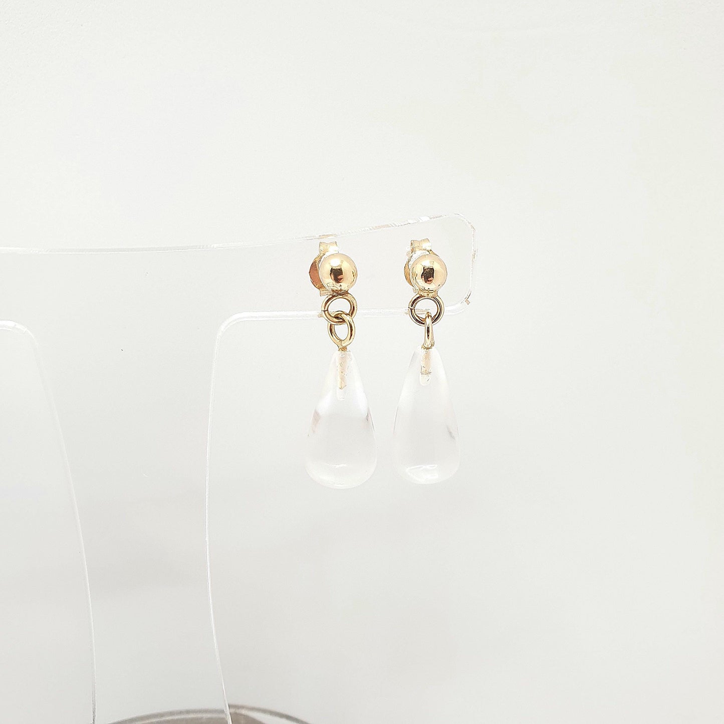 Vintage 9k 9ct Gold Rock Crystal Earrings Clear Quartz Teardrop Hanging Drop Stud Solid 9 375 Real Gemstone Genuine Womens Jewelry Jewellery