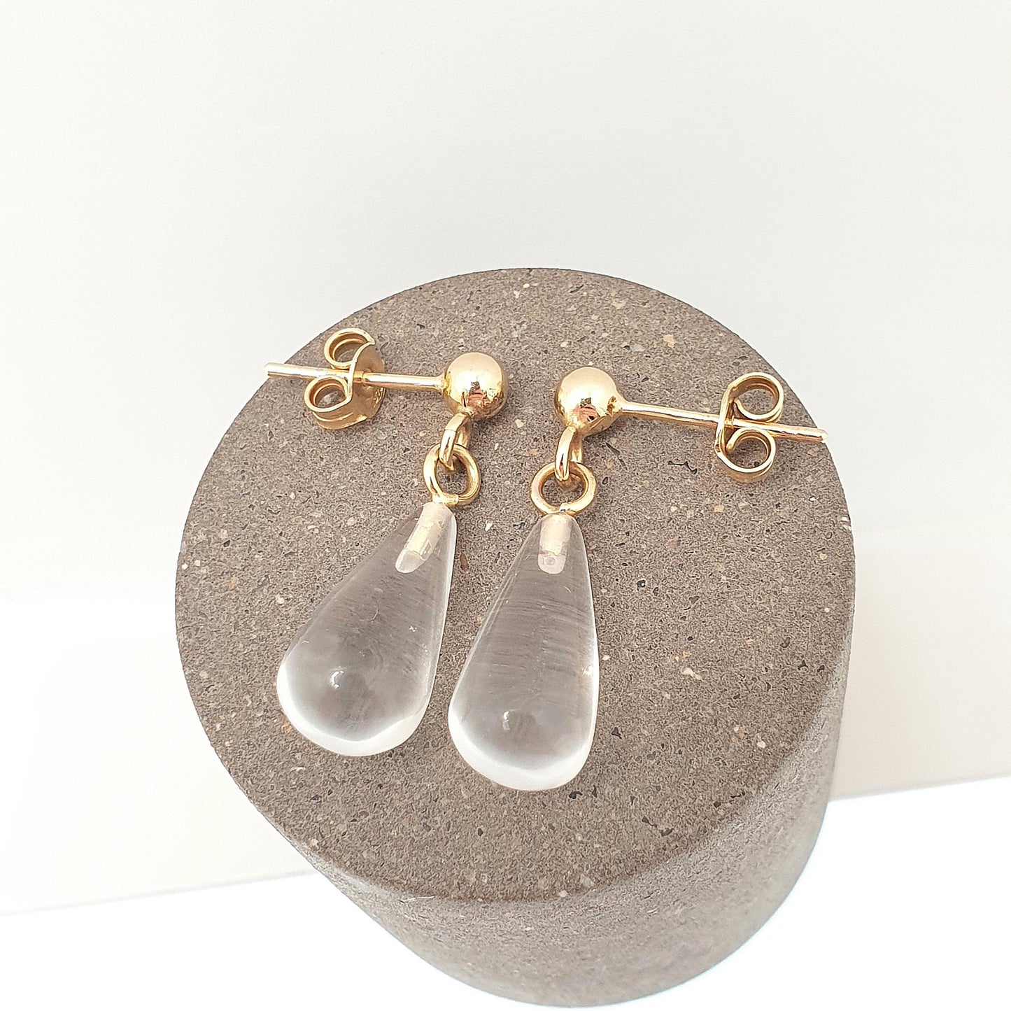 Vintage 9k 9ct Gold Rock Crystal Earrings Clear Quartz Teardrop Hanging Drop Stud Solid 9 375 Real Gemstone Genuine Womens Jewelry Jewellery