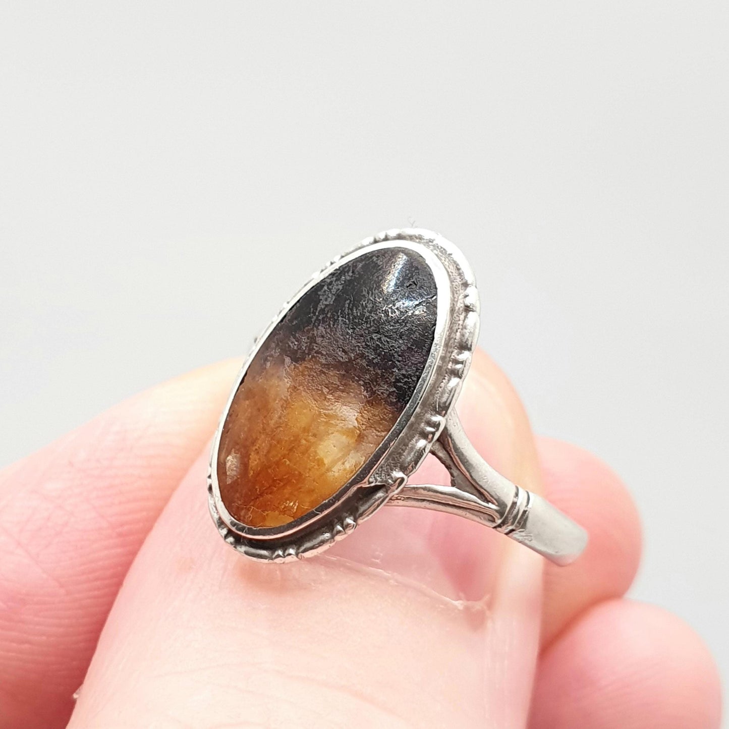 Antique Victorian Blue John Sterling Silver Ring Large Signet Cabochon Bleu Jaune Vintage 1920s Womens Rare Gemstone Jewelry Jewellery