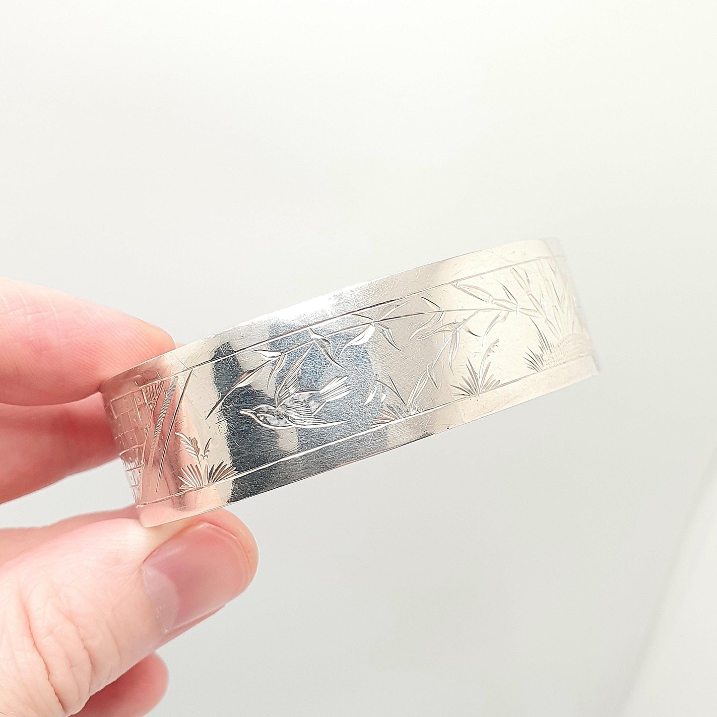Antique Victorian Sterling Silver Bird Bracelet Bangle Hand Engraved Aesthetic 25.17g Songbird Swallow Vintage Womens Jewelry Jewellery