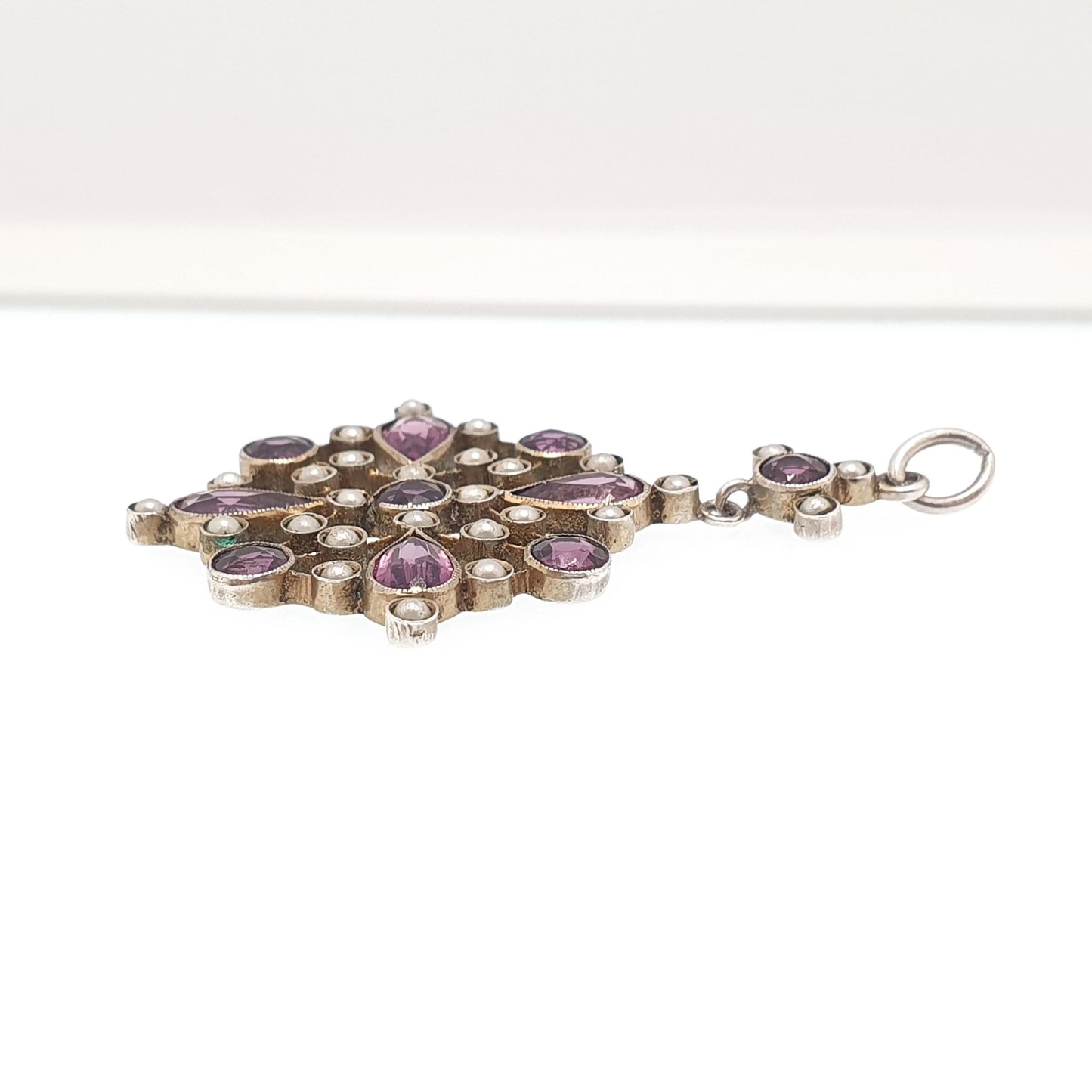 Antique Solid Silver Amethyst Paste Pendant Victorian Simulated Seed Pearl Necklace Large Big Cluster Flower Vintage Jewellery Jewelry